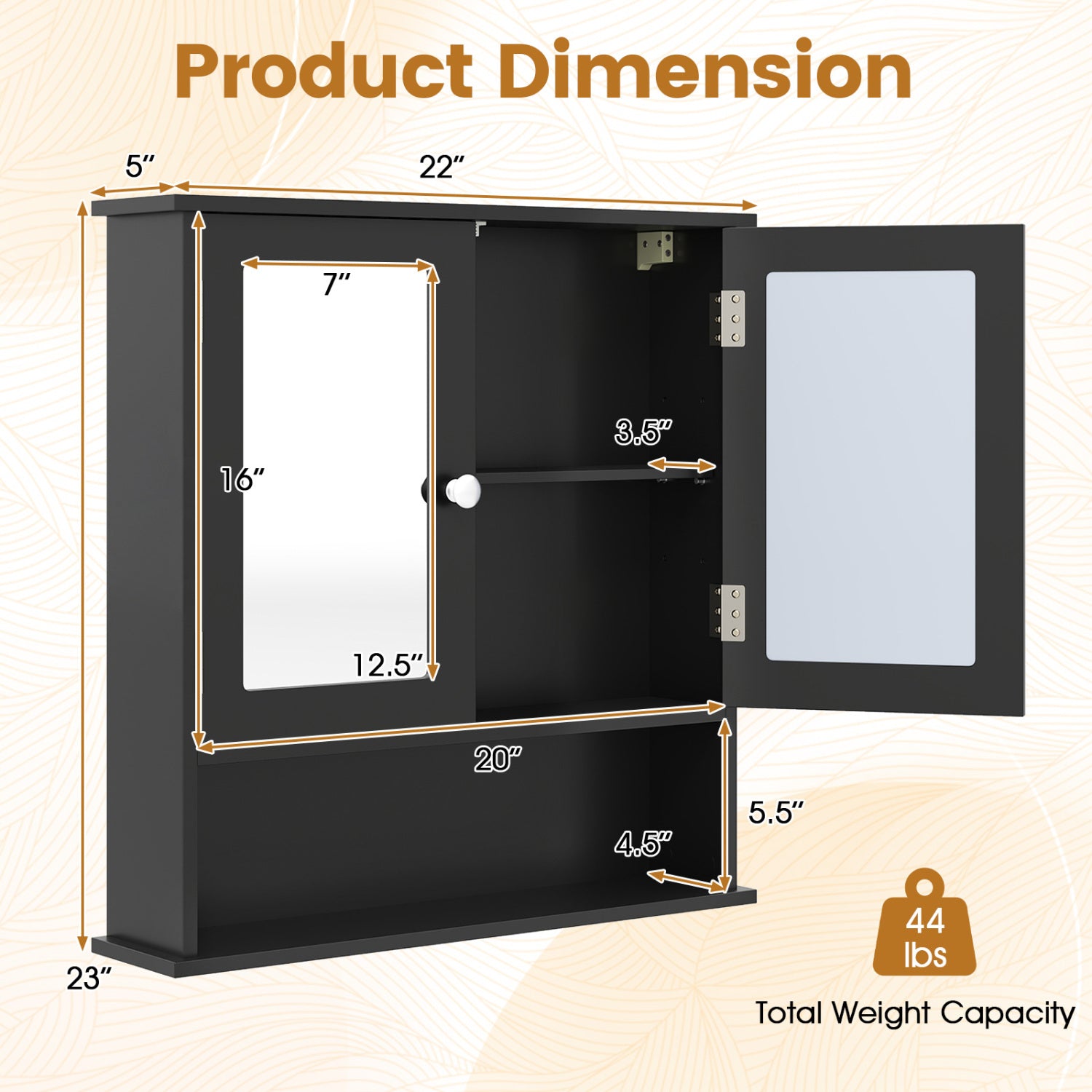 Double Door Wall-Mounted Bathroom Mirror Cabinet with Storage Shelf-Black