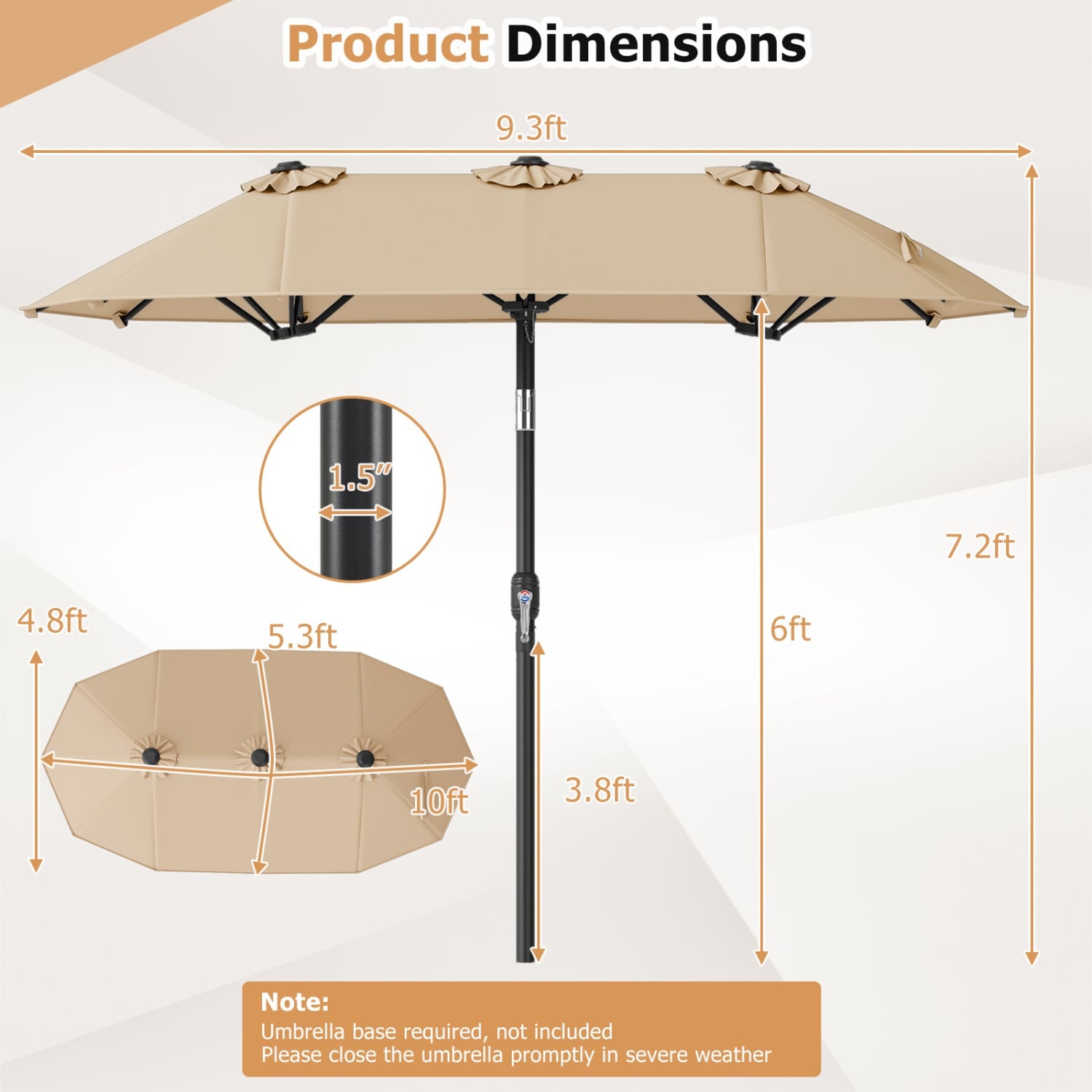 Parasol de patio double face avec inclinaison par bouton-poussoir et manivelle - Beige