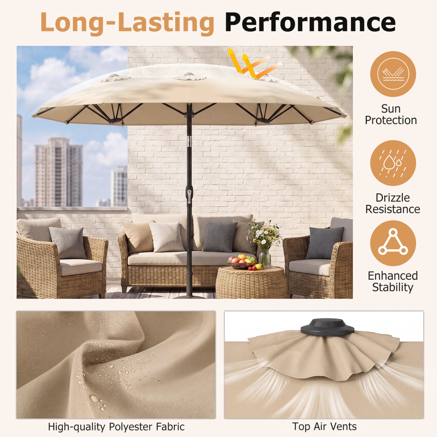 Parasol de patio double face avec inclinaison par bouton-poussoir et manivelle - Beige