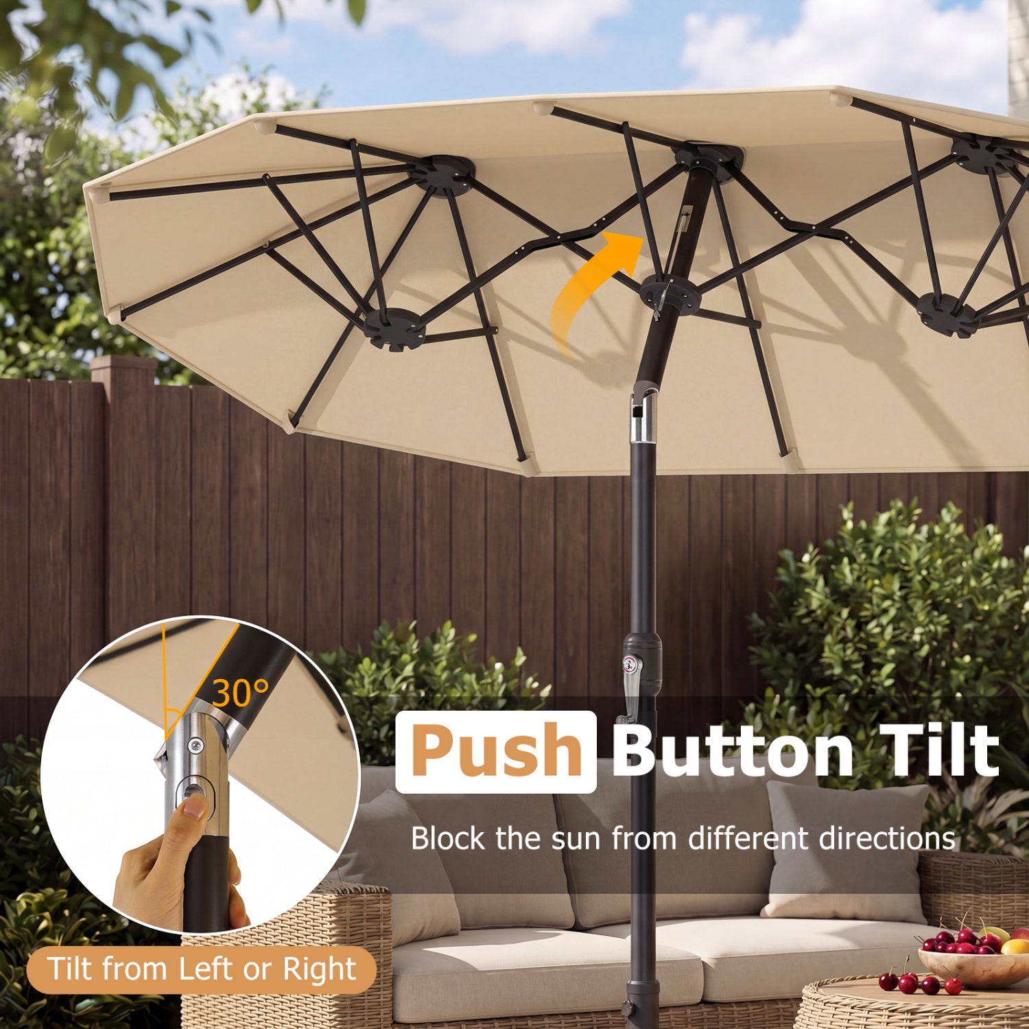 Parasol de patio double face avec inclinaison par bouton-poussoir et manivelle - Beige