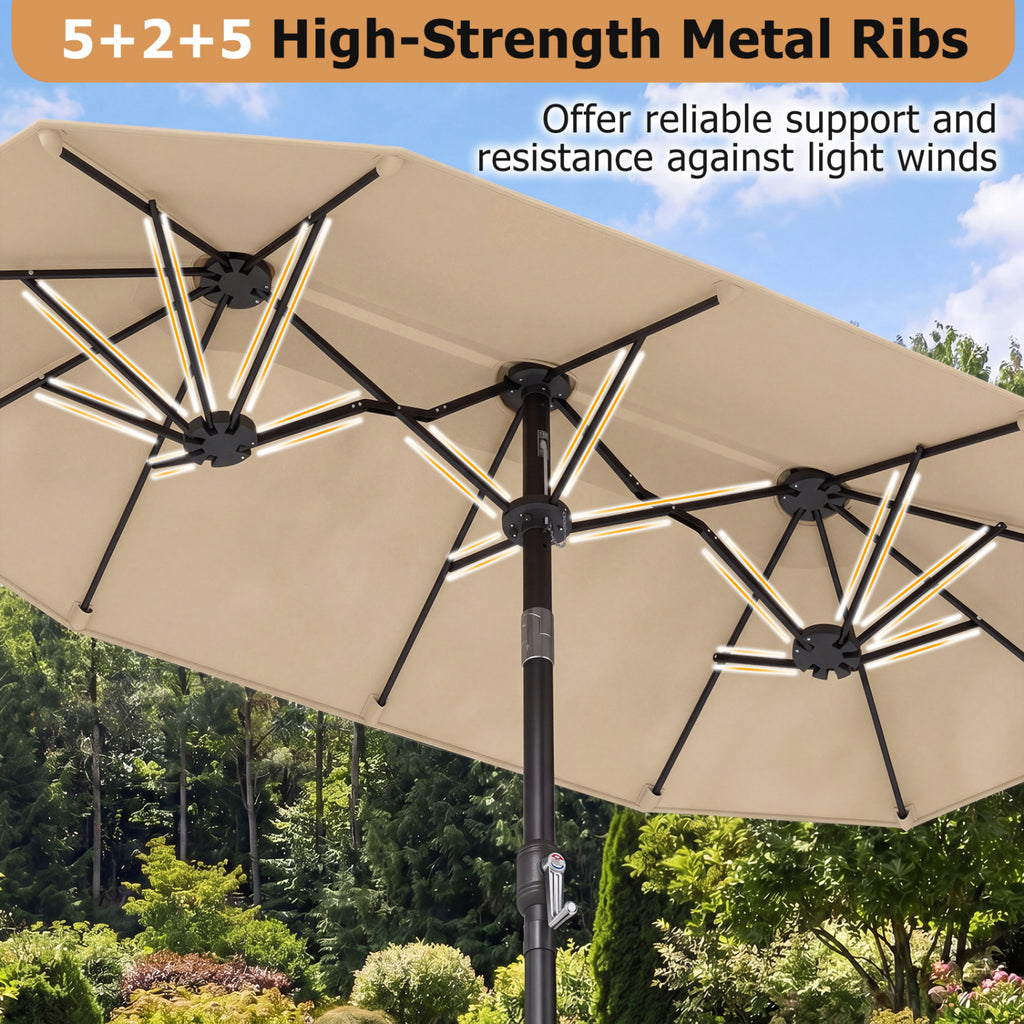 Parasol de patio double face avec inclinaison par bouton-poussoir et manivelle - Beige