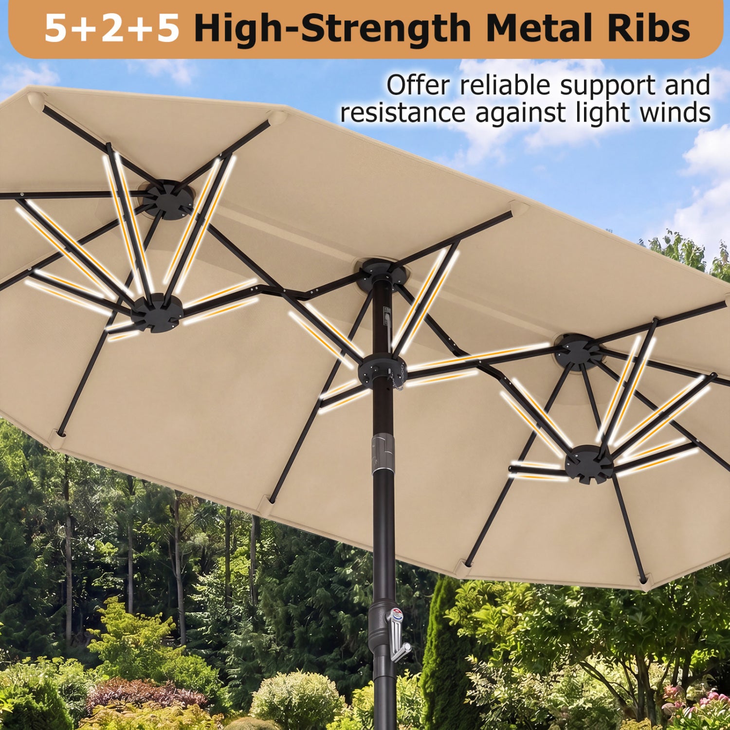 Parasol de patio double face avec inclinaison par bouton-poussoir et manivelle - Beige
