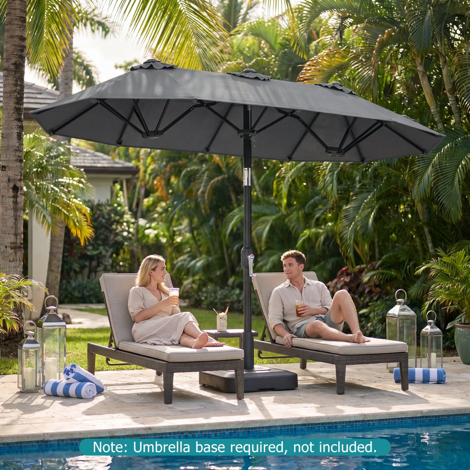Parasol de terrasse double face avec poignée à manivelle inclinable à bouton-poussoir - Gris