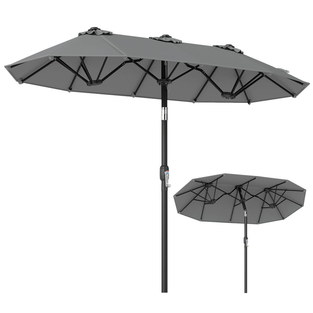 Parasol de terrasse double face avec poignée à manivelle inclinable à bouton-poussoir - Gris