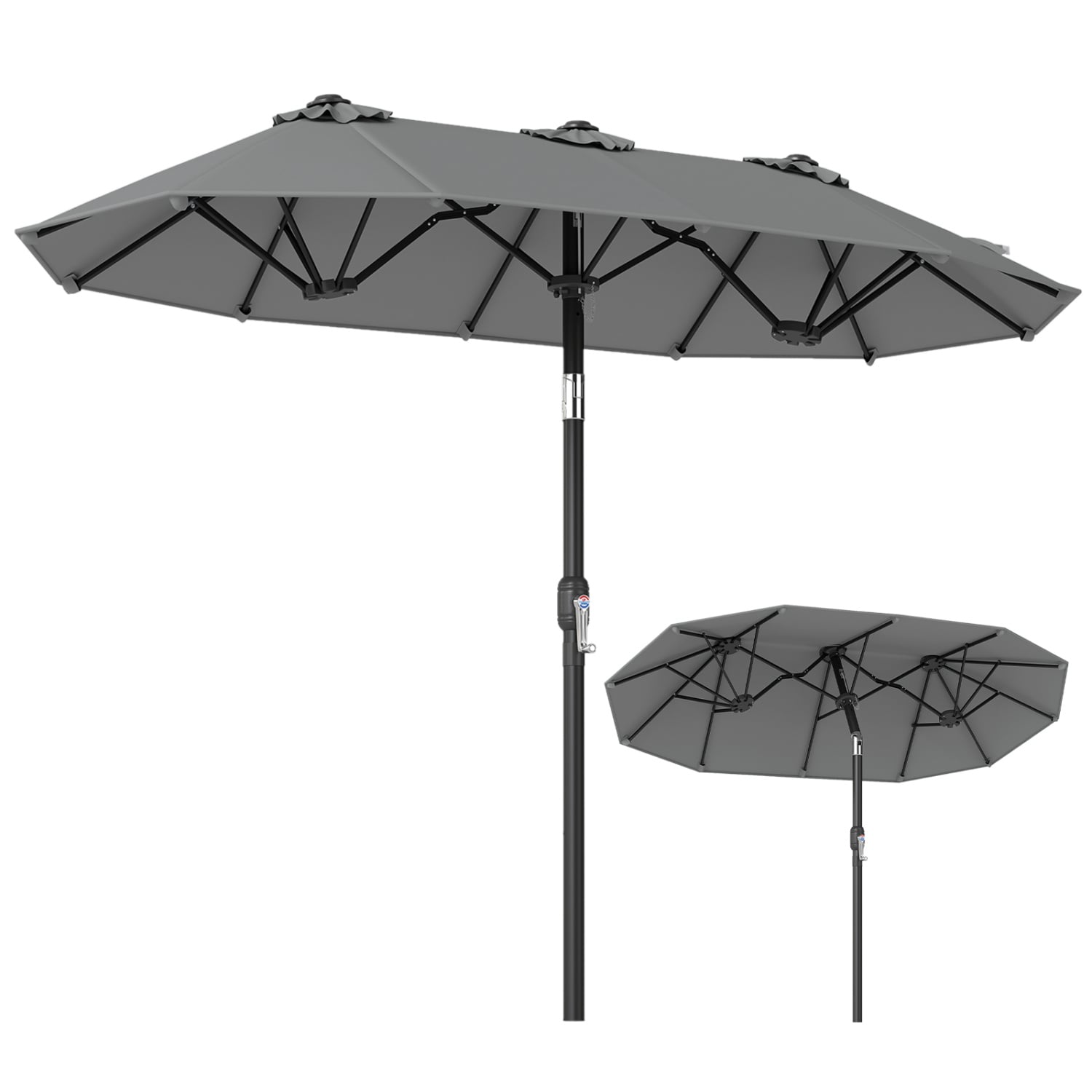 Parasol de terrasse double face avec poignée à manivelle inclinable à bouton-poussoir - Gris