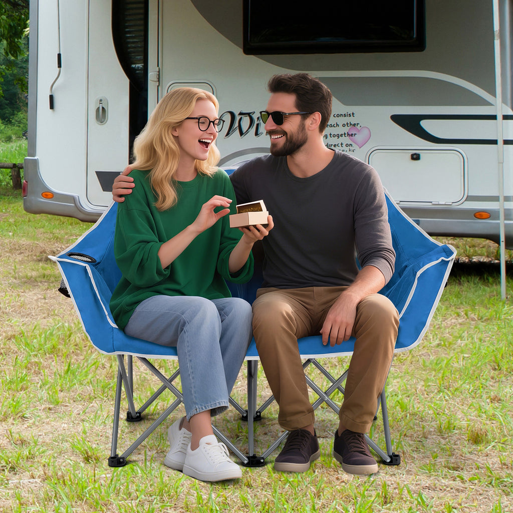 Fauteuil de camping double portable surdimensionné avec accoudoirs et porte-gobelets - Bleu