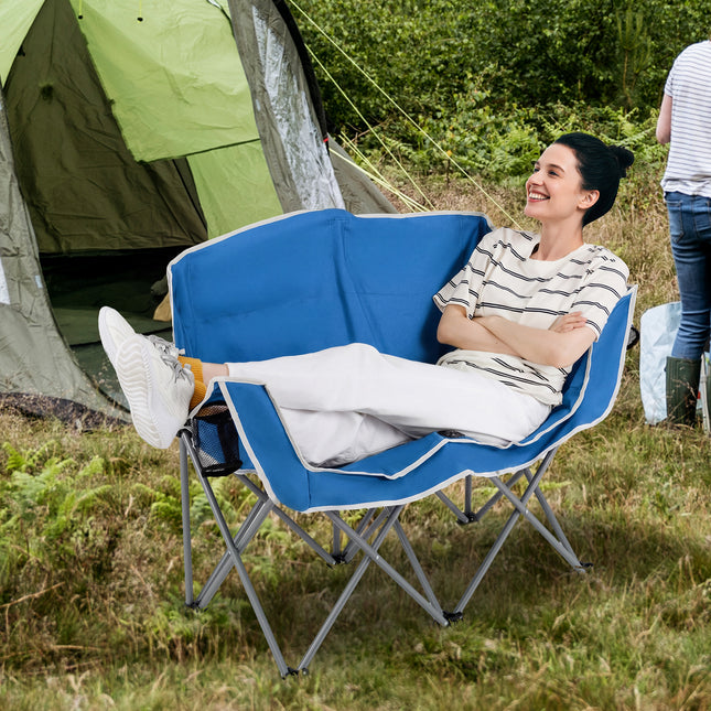 Duo Camping Chair Portable Oversized Loveseat with Armrests and Cup Holders-Blue