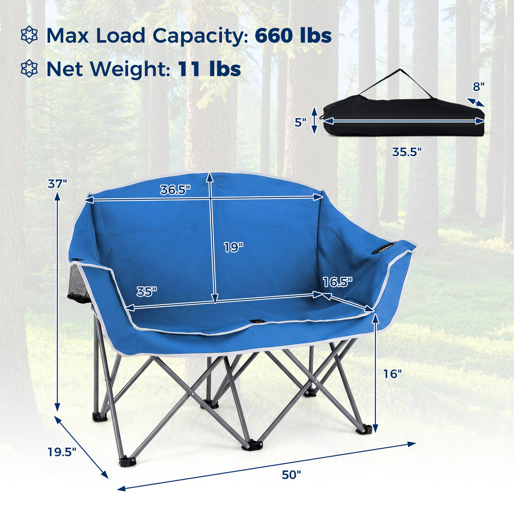 Fauteuil de camping double portable surdimensionné avec accoudoirs et porte-gobelets - Bleu