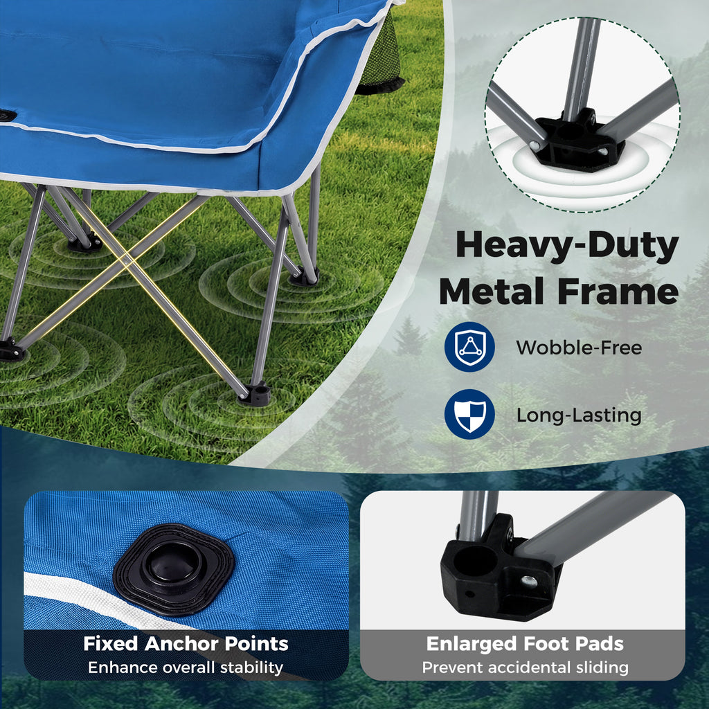 Fauteuil de camping double portable surdimensionné avec accoudoirs et porte-gobelets - Bleu