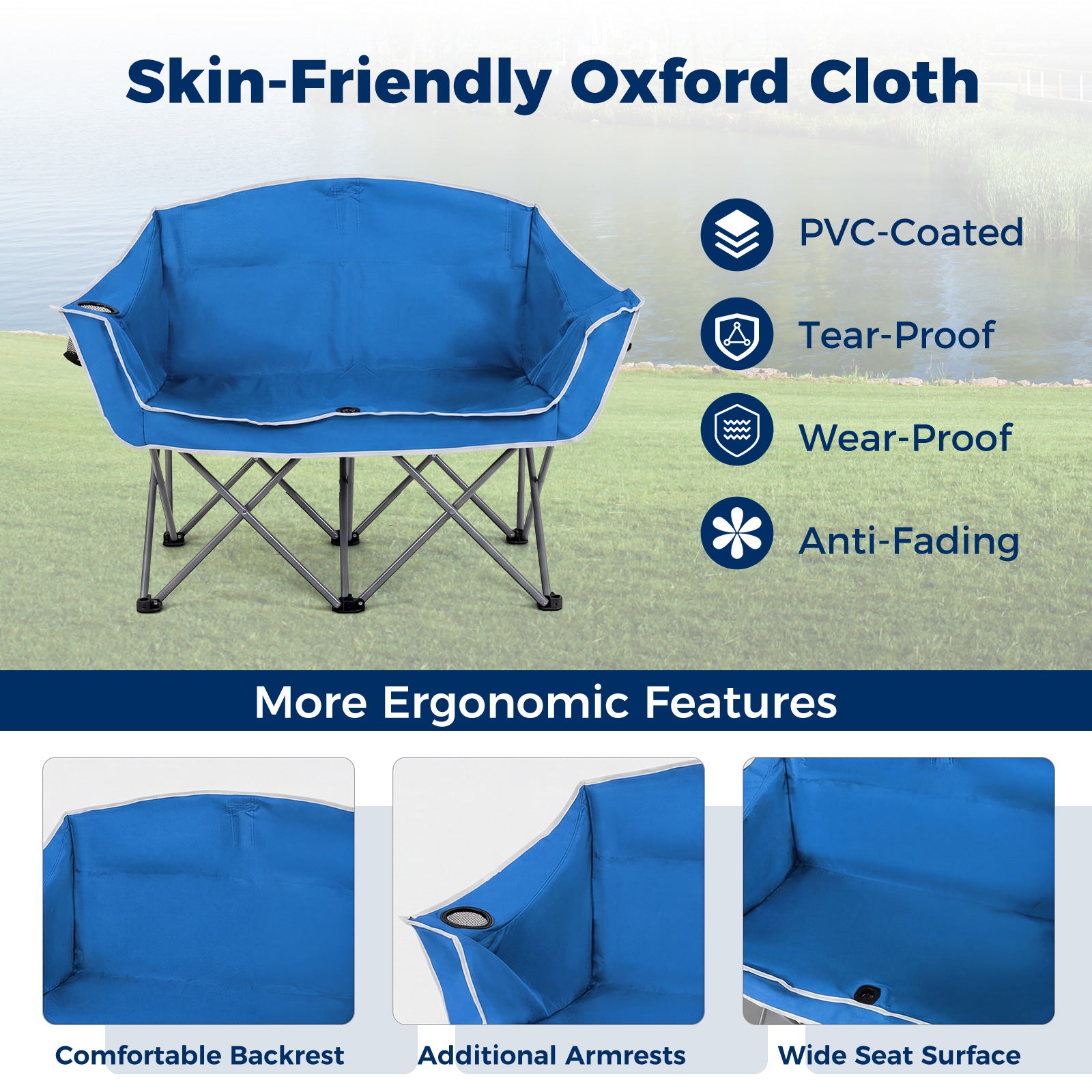 Fauteuil de camping double portable surdimensionné avec accoudoirs et porte-gobelets - Bleu