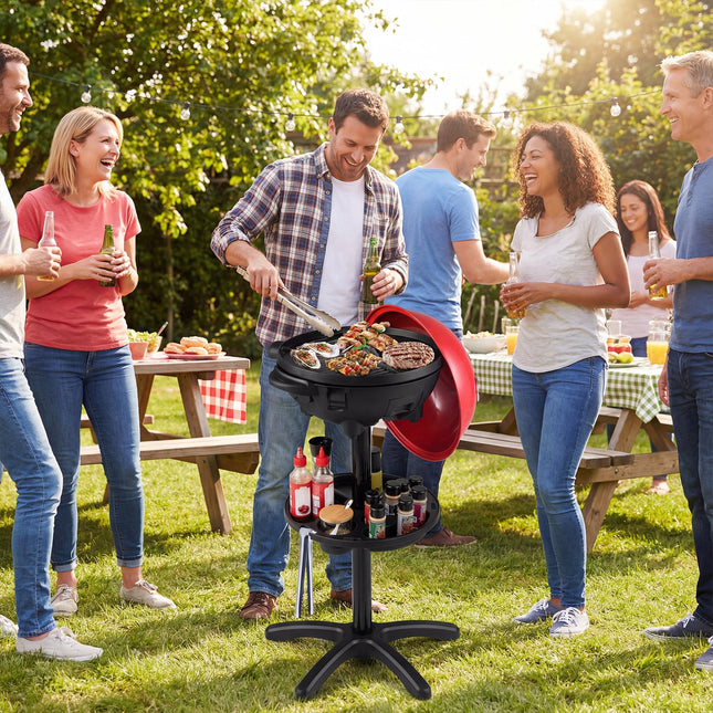 Electric BBQ Grill 1200W Indoor Outdoor Grill with 2-Zone Non-Stick Grilling Plate-Red