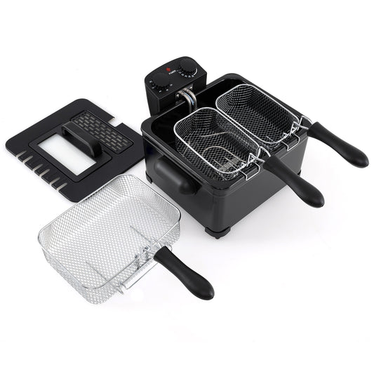 Electric Deep Fryer 5.3QT/21-Cup Stainless Steel 1700W with Triple Basket-Black