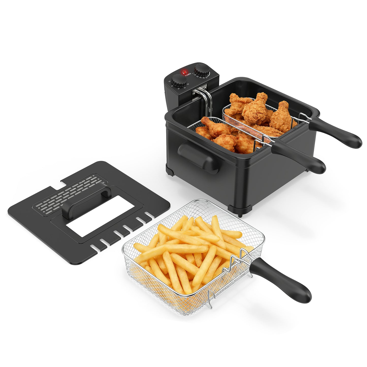 Electric Deep Fryer 5.3QT/21-Cup Stainless Steel 1700W with Triple Basket-Black