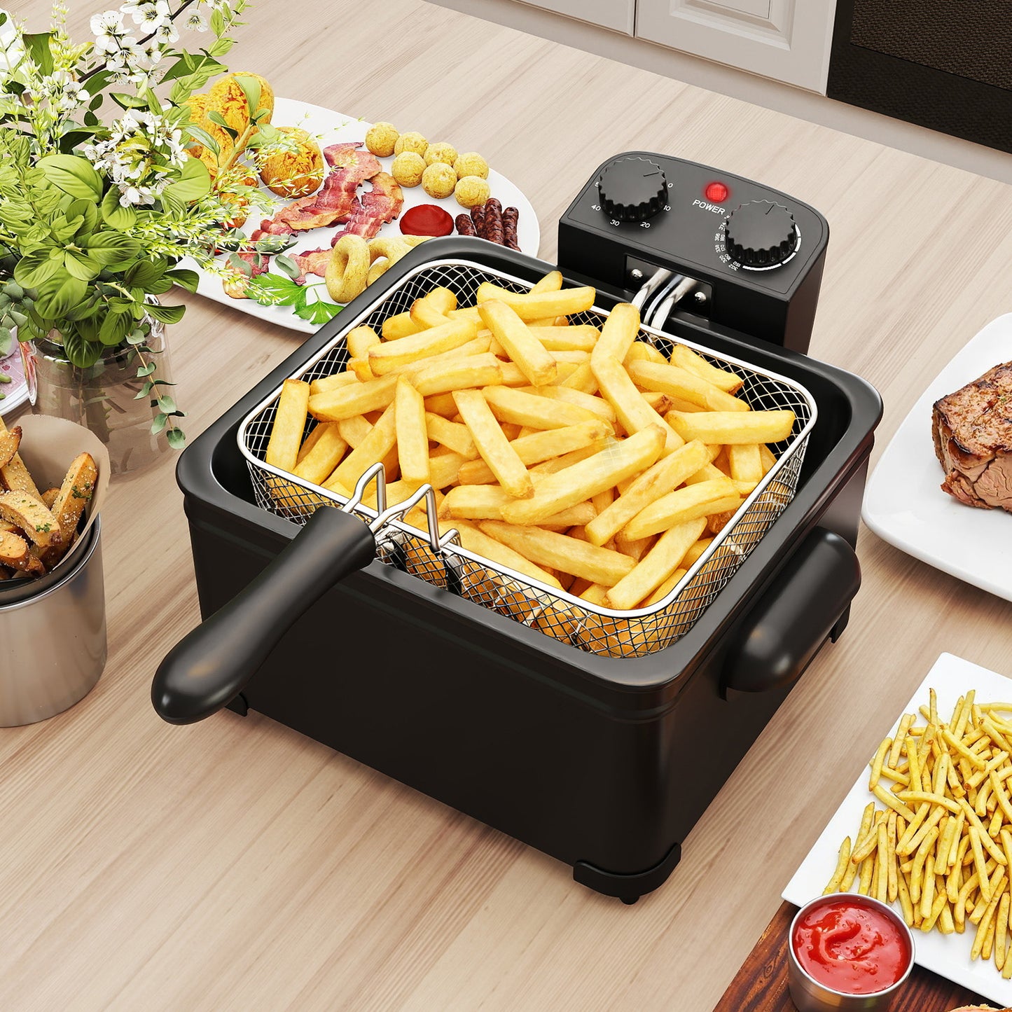 Electric Deep Fryer 5.3QT/21-Cup Stainless Steel 1700W with Triple Basket-Black