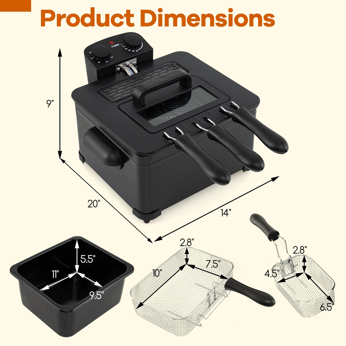 Electric Deep Fryer 5.3QT/21-Cup Stainless Steel 1700W with Triple Basket-Black