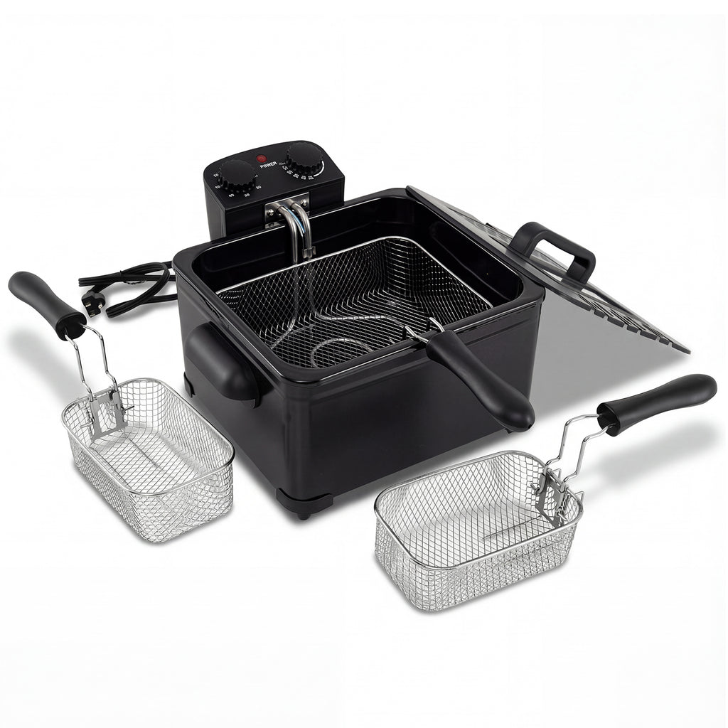 Electric Deep Fryer 5.3QT/21-Cup Stainless Steel 1700W with Triple Basket-Black