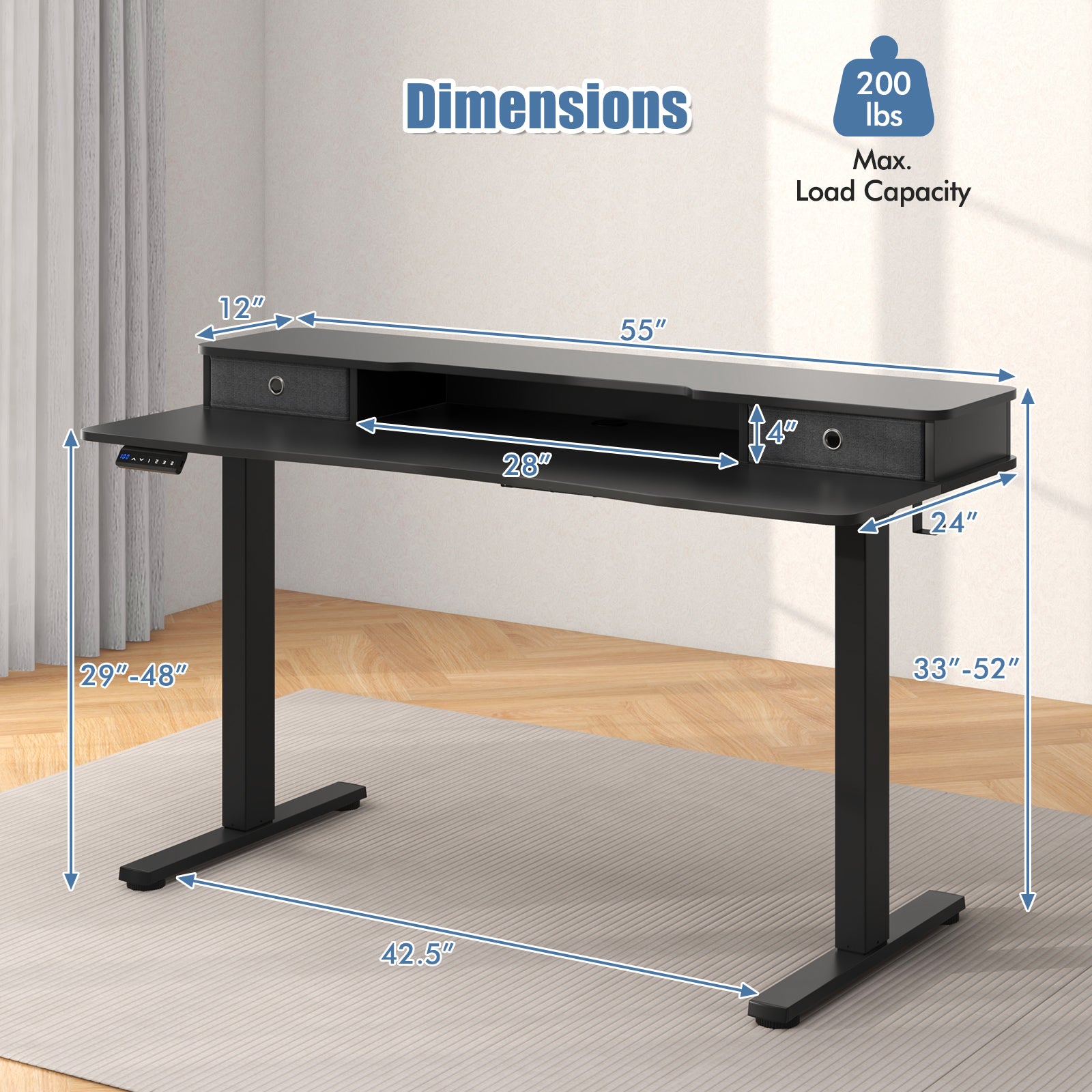 Electric Height Adjustable Standing Desk and Drafting Chair Set with Storage Drawers