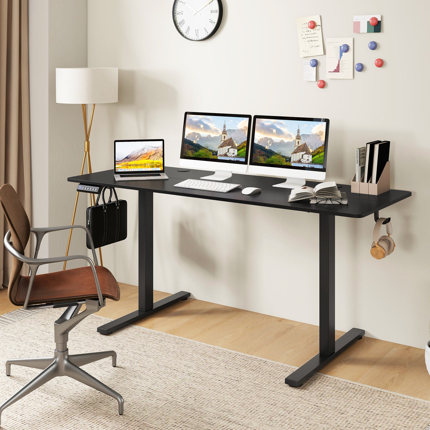 Electric Standing Desk with 3 Memory Heights and 2 Hanging Hooks and Cable Holes-Black