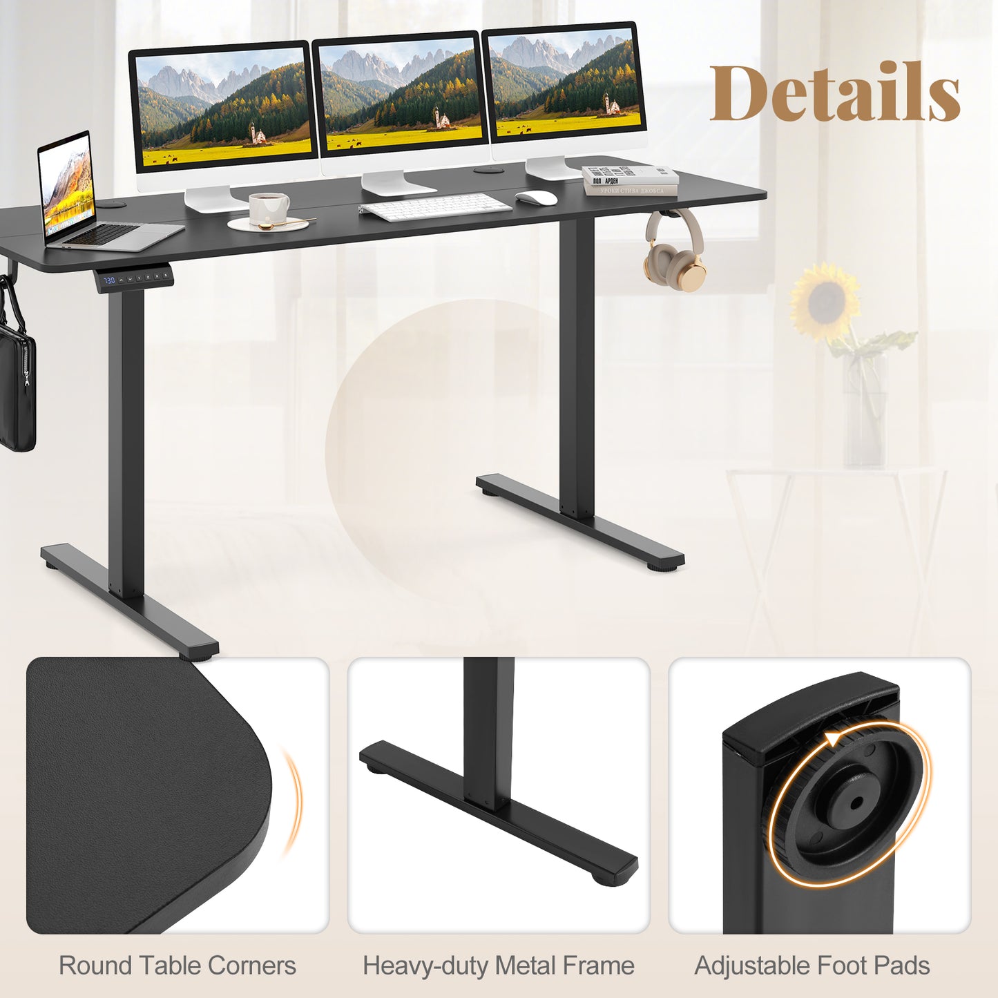 Electric Standing Desk with 3 Memory Heights and 2 Hanging Hooks and Cable Holes-Black