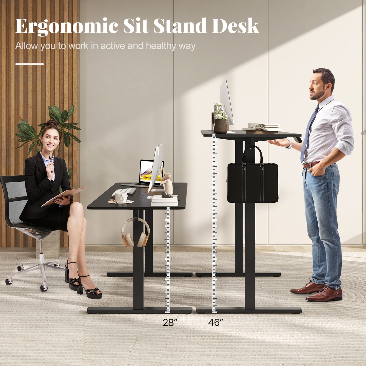 Electric Standing Desk with 3 Memory Heights and 2 Hanging Hooks and Cable Holes-Black