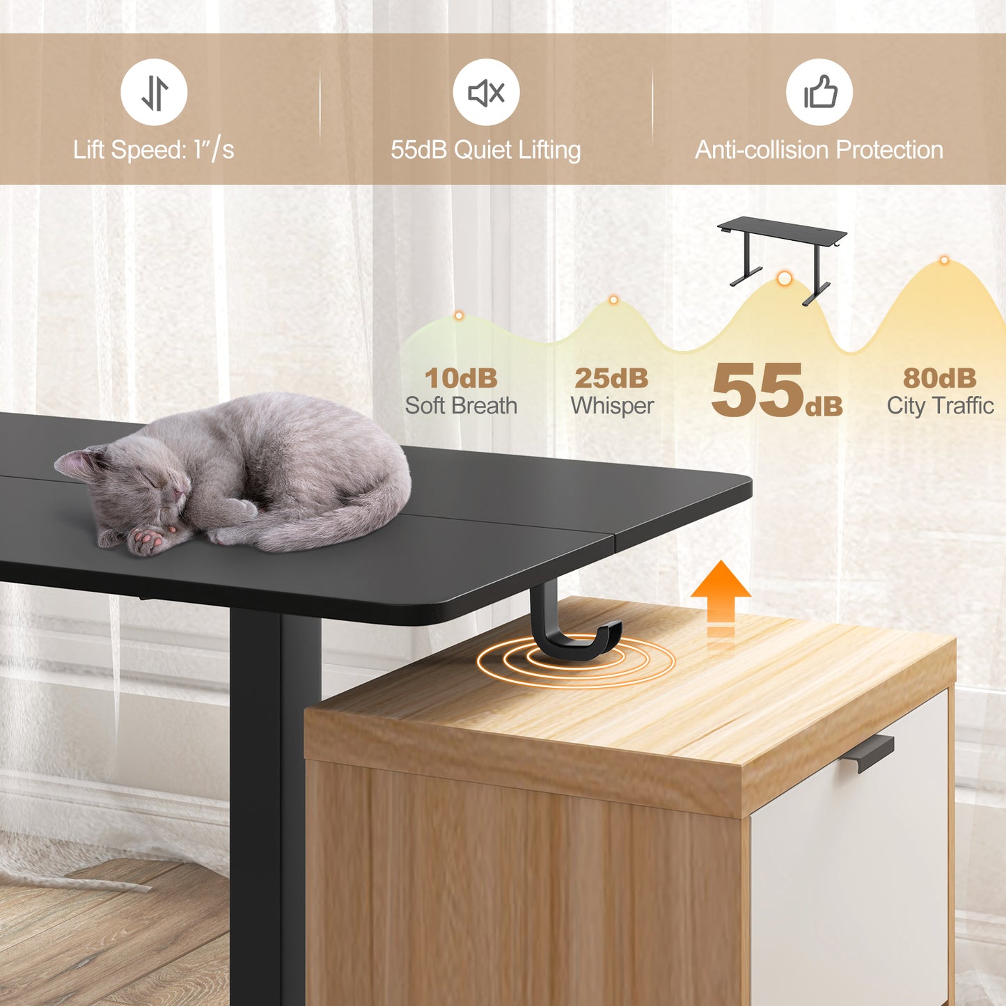 Electric Standing Desk with 3 Memory Heights and 2 Hanging Hooks and Cable Holes-Black