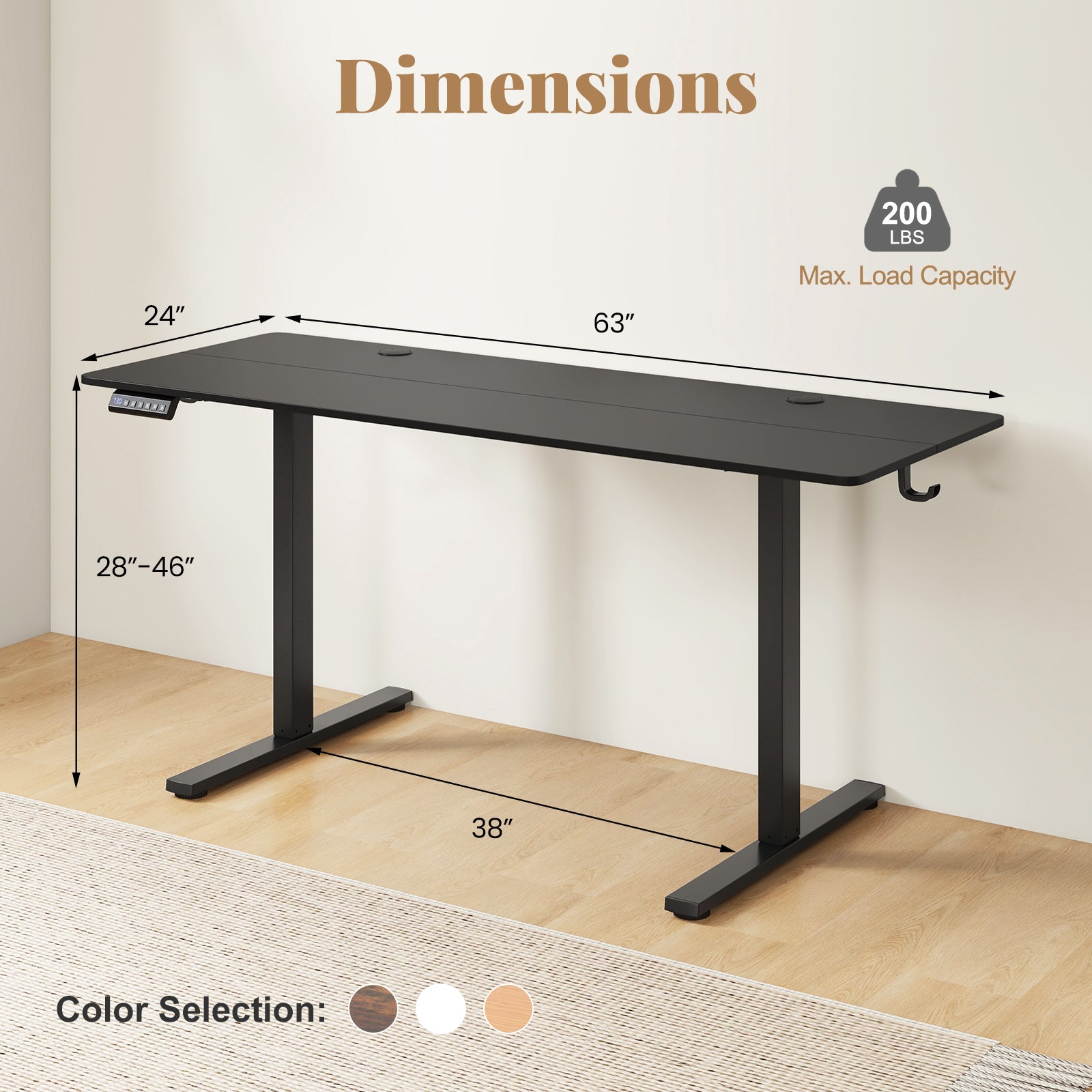 Electric Standing Desk with 3 Memory Heights and 2 Hanging Hooks and Cable Holes-Black