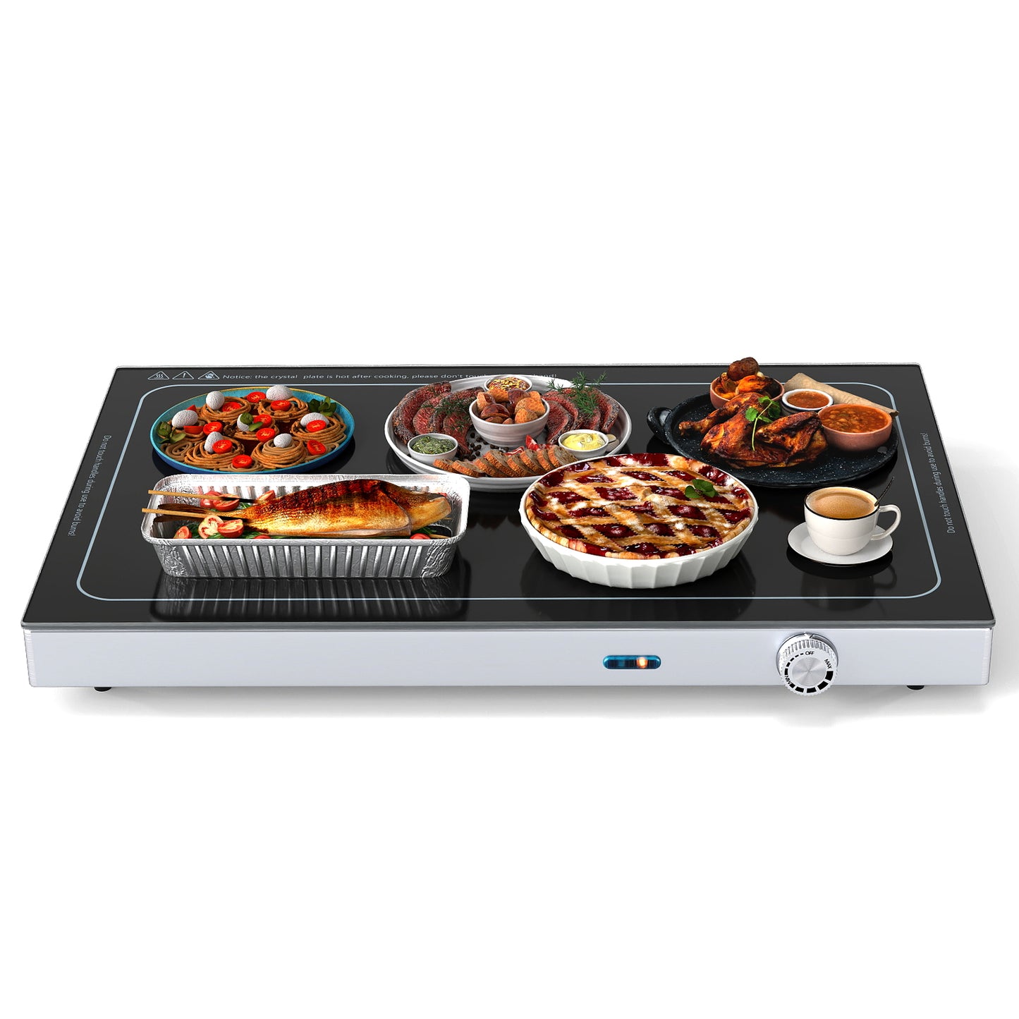 Electric Warming Tray with Adjustable Temperature and Built-In Handles Tempered Glass