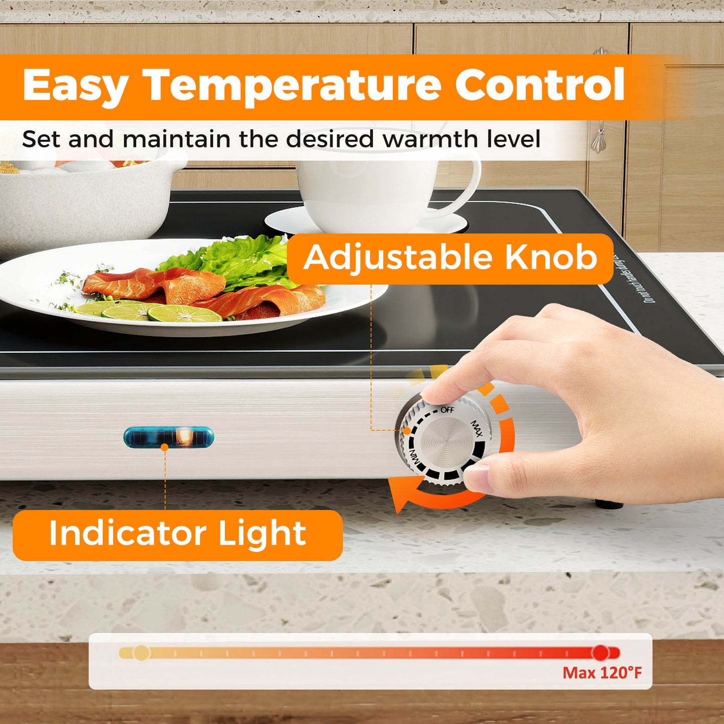 Electric Warming Tray with Adjustable Temperature and Built-In Handles Tempered Glass