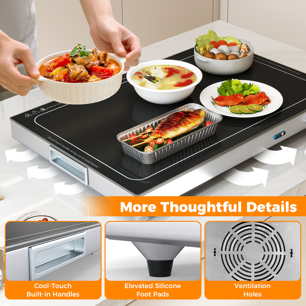 Electric Warming Tray with Adjustable Temperature and Built-In Handles Tempered Glass