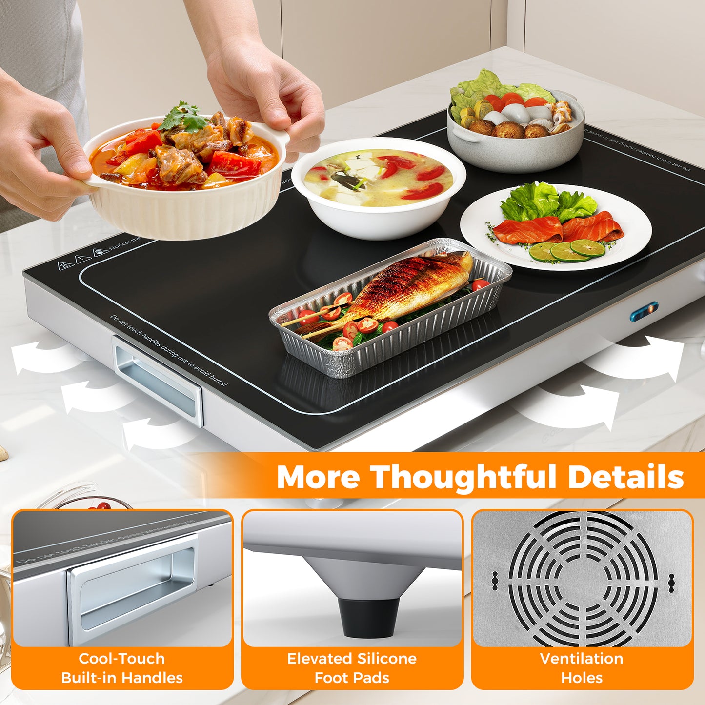 Electric Warming Tray with Adjustable Temperature and Built-In Handles Tempered Glass