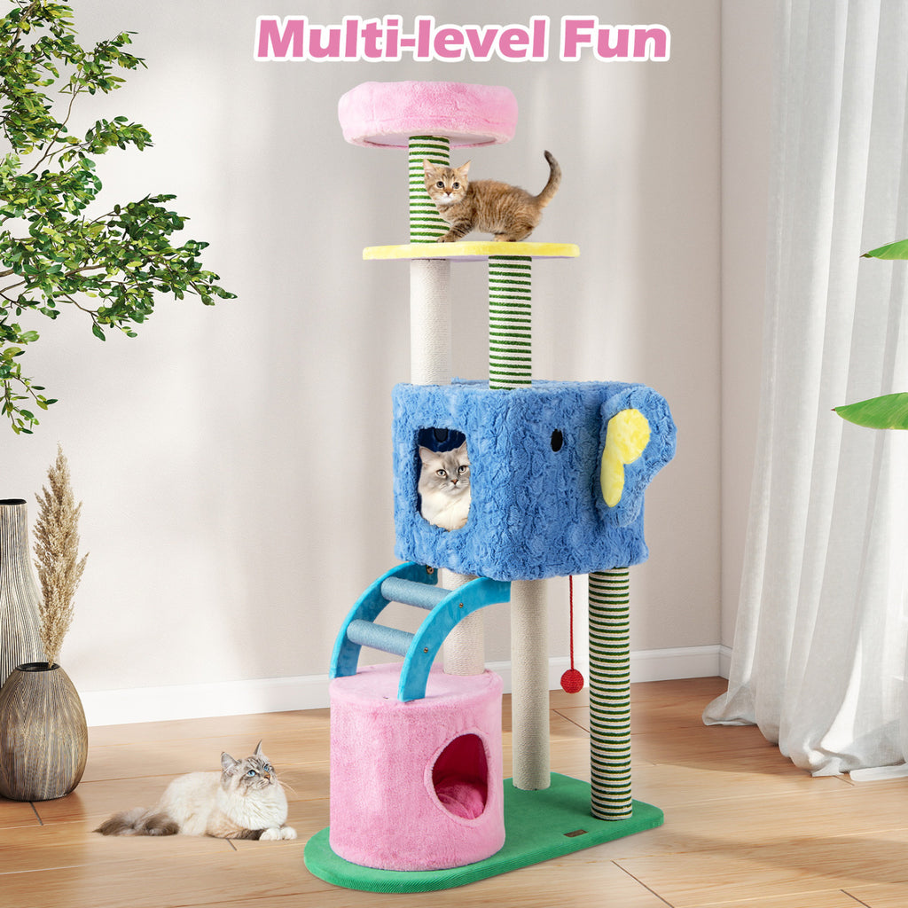 Elephant Themed Cat Tree for Adult Cats Multi-level Kitty Tower with 2 Condos-Blue