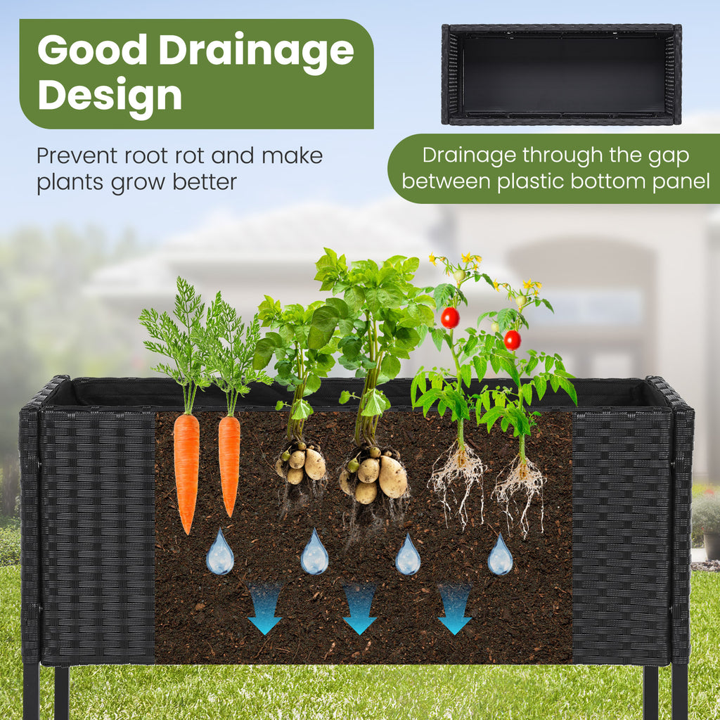 Jardinière surélevée avec étagère inférieure en rotin - Noir