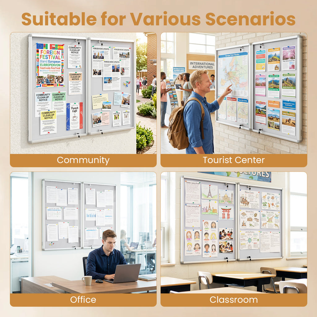 Enclosed Bulletin Board Lockable Cork Notice Board with Aluminum Frame-Sliver