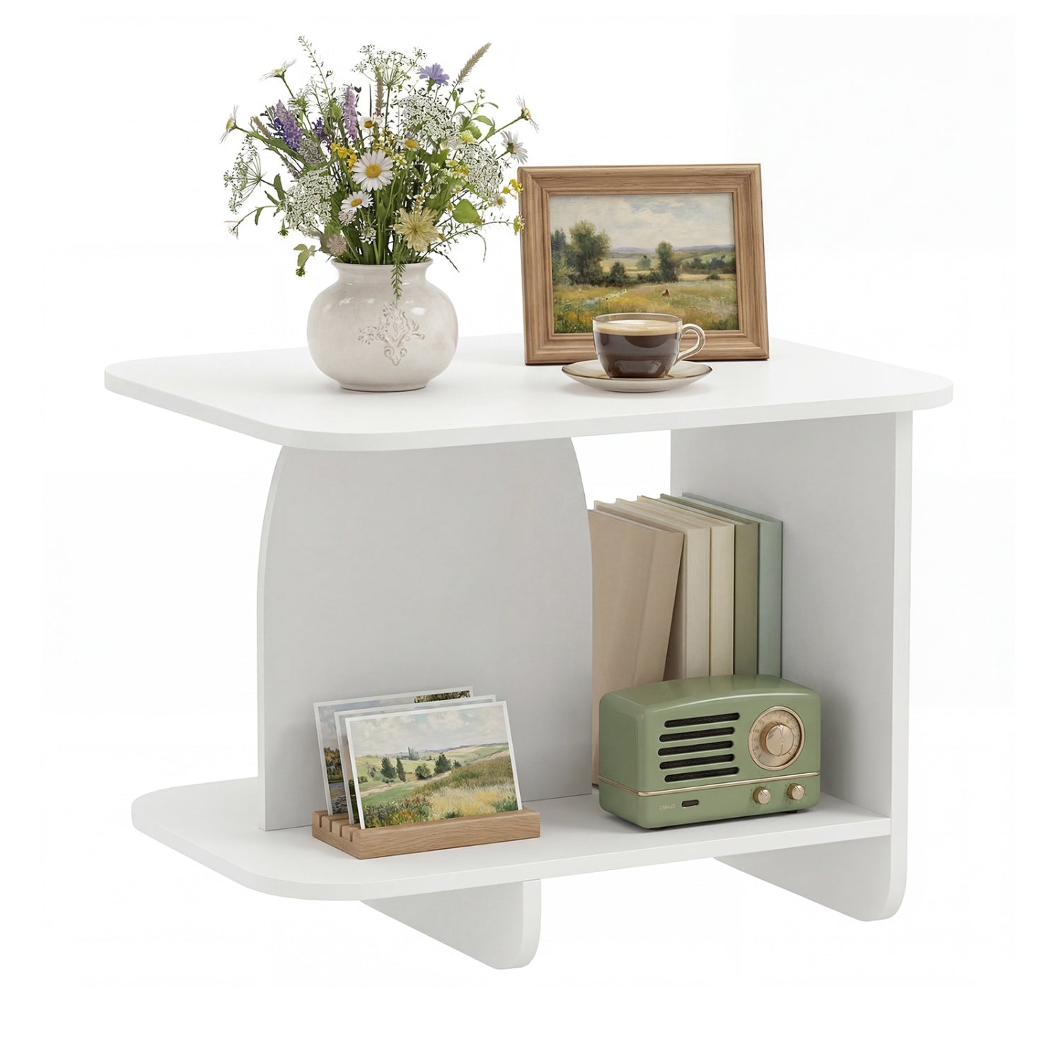 End Table 2-Tier Sofa Side Table with Storage Shelf for Small Space-White