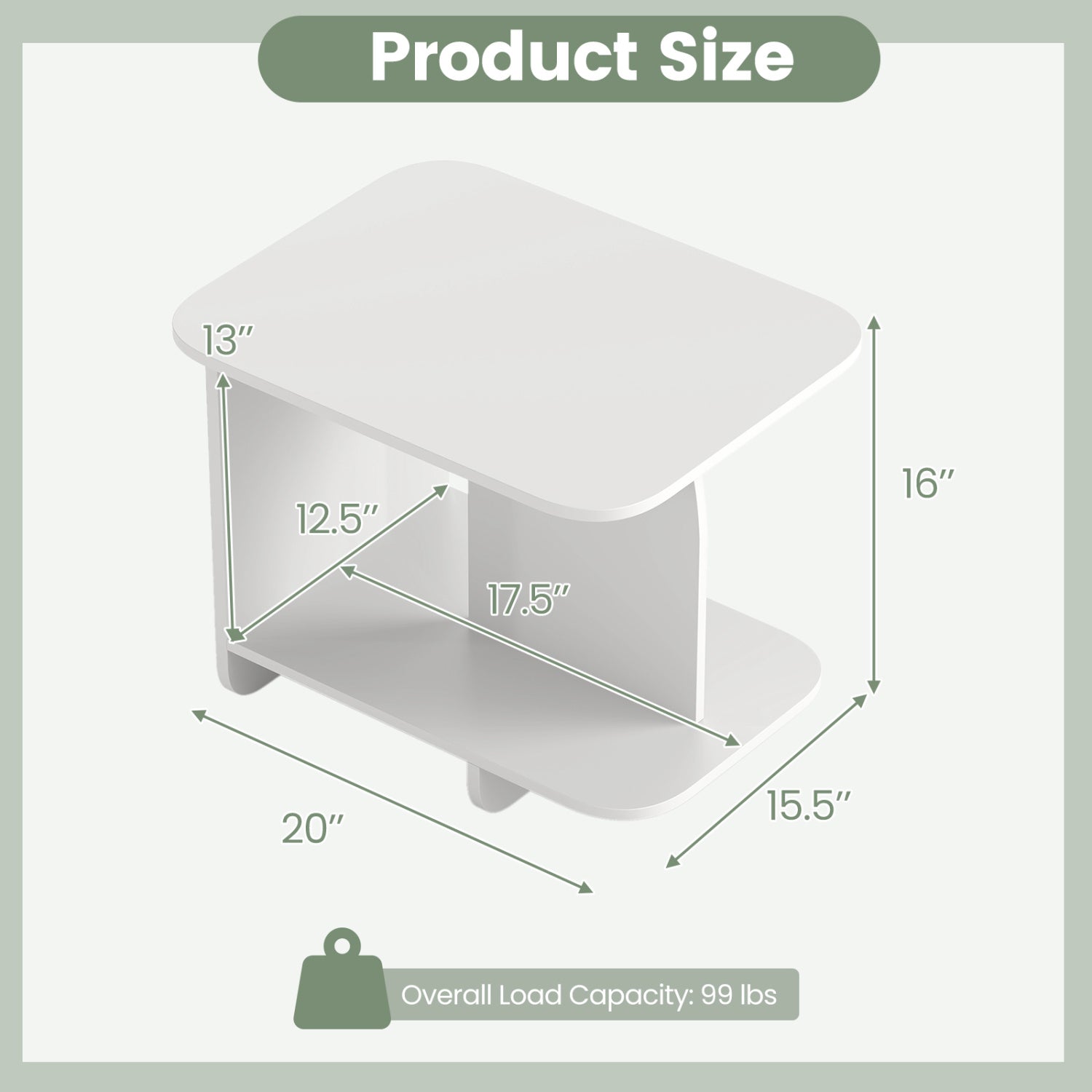 End Table 2-Tier Sofa Side Table with Storage Shelf for Small Space-White