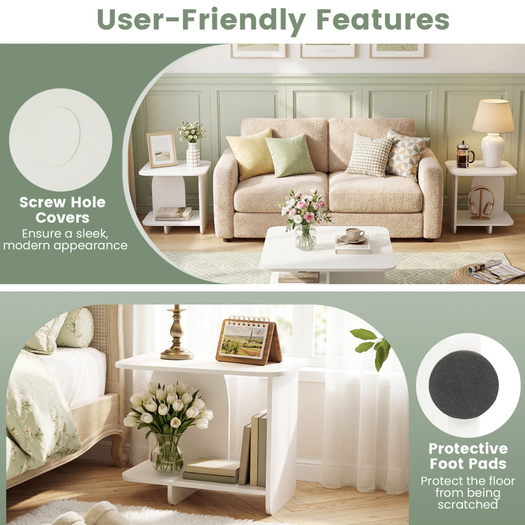 End Table 2-Tier Sofa Side Table with Storage Shelf for Small Space-White