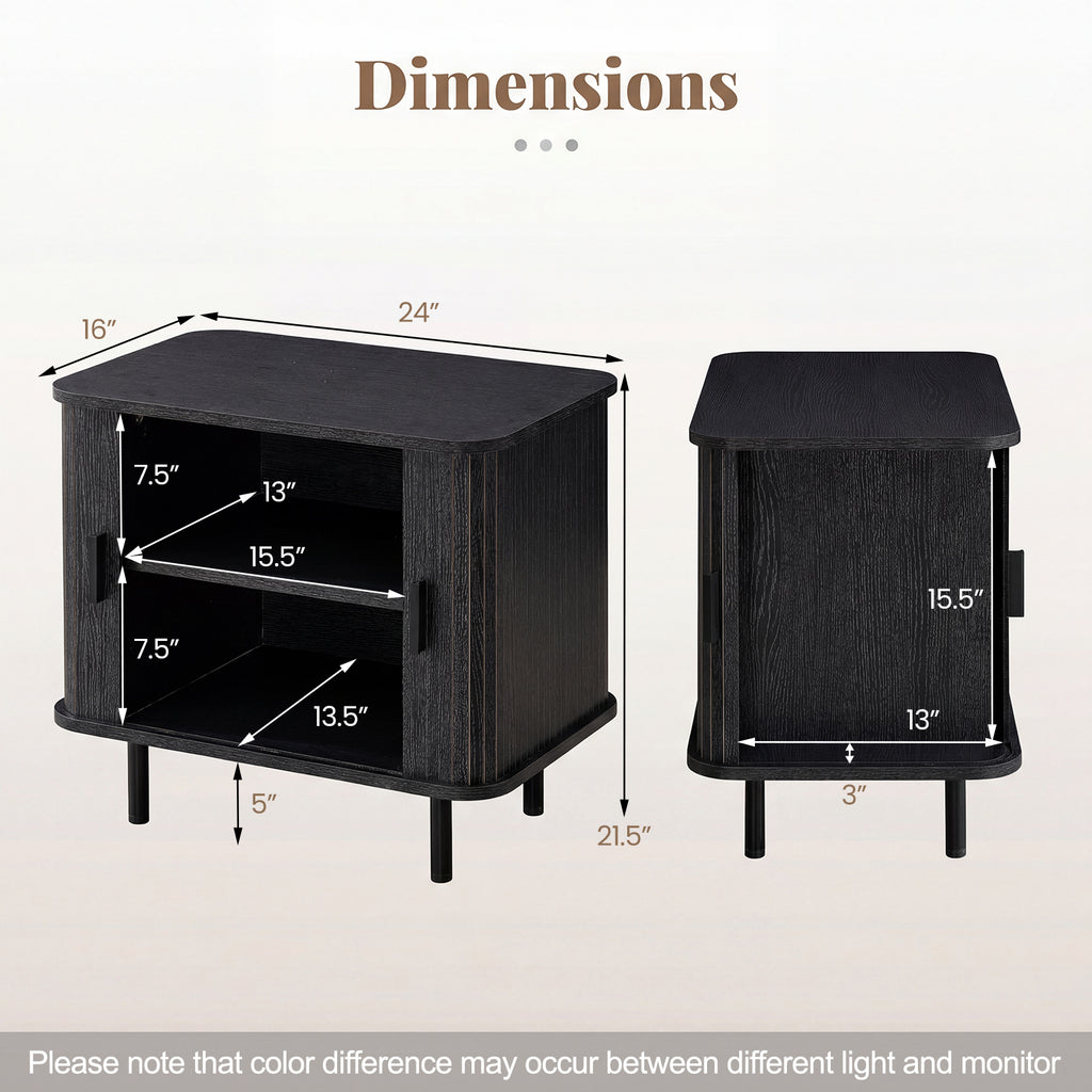 End Table Modern Mid Century Nightstand with Sliding Tambour Doors and Storage Shelf-Black