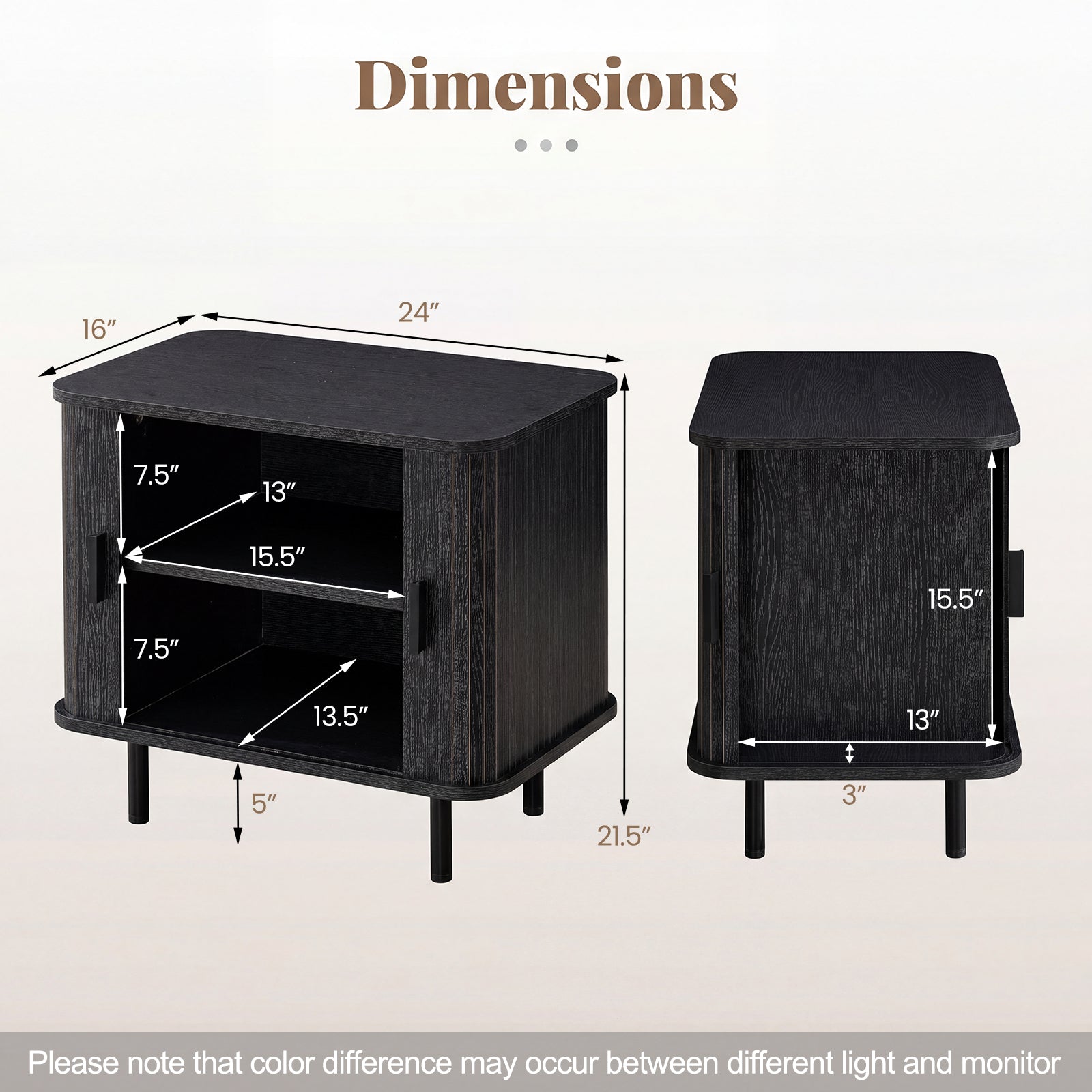 End Table Modern Mid Century Nightstand with Sliding Tambour Doors and Storage Shelf-Black