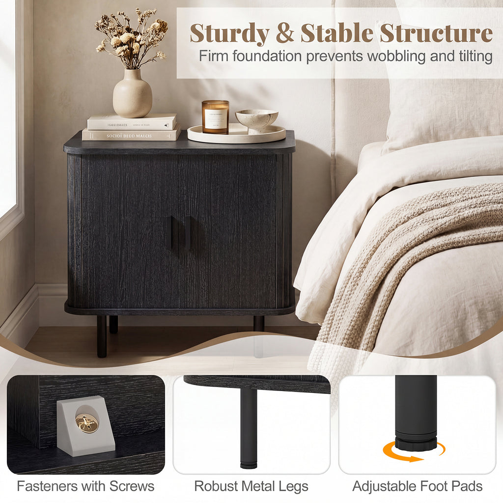 End Table Modern Mid Century Nightstand with Sliding Tambour Doors and Storage Shelf-Black