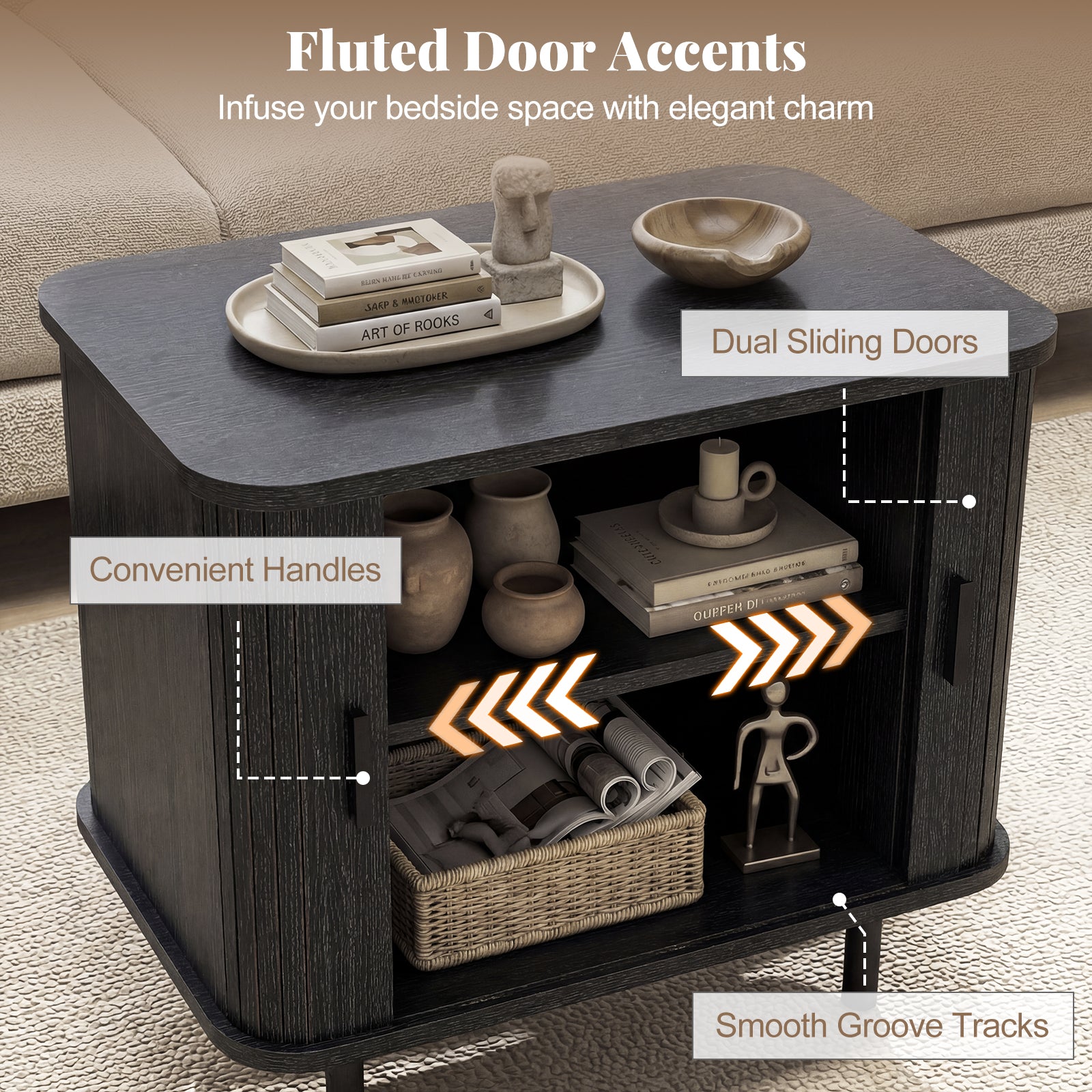 End Table Modern Mid Century Nightstand with Sliding Tambour Doors and Storage Shelf-Black
