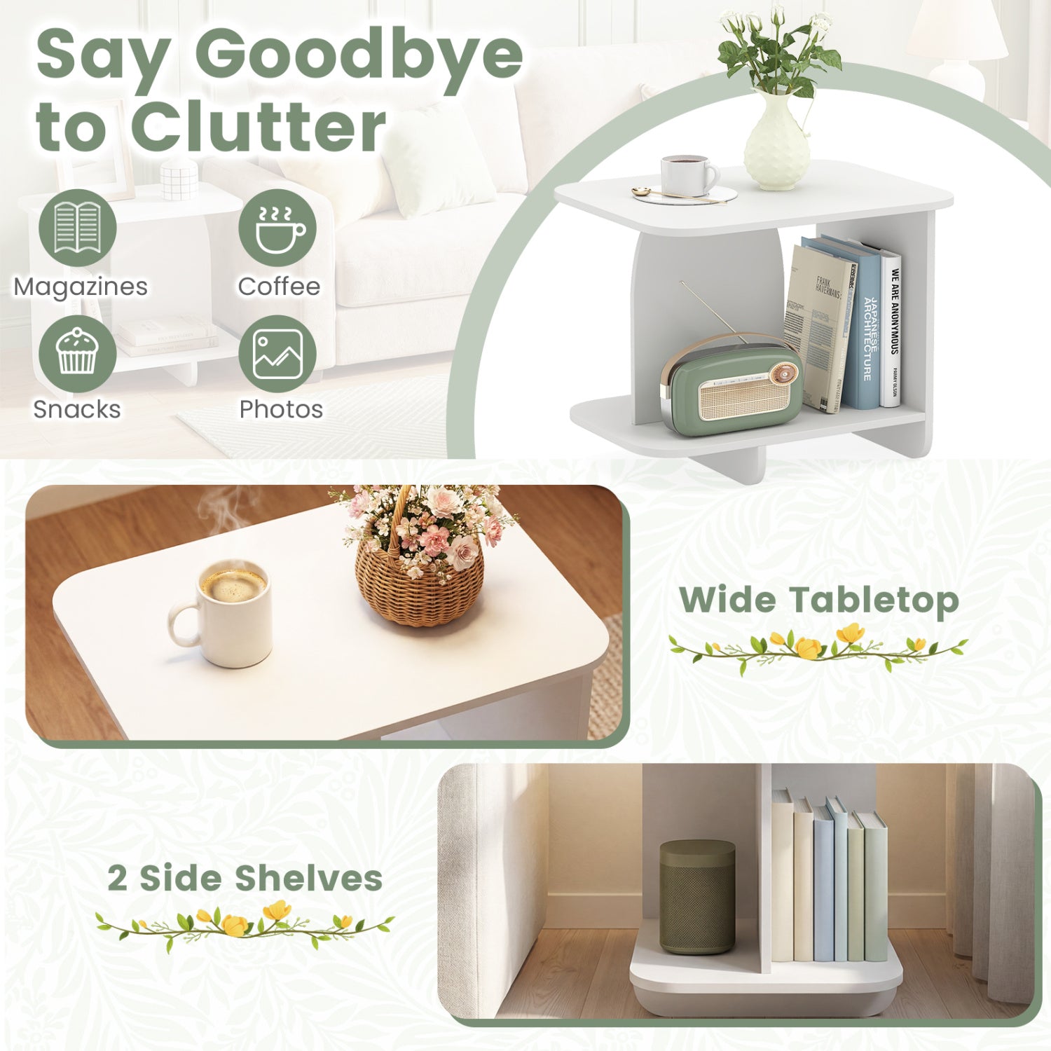 End Table Set of 2 2-Tier Sofa Side Tables with Storage Shelf-White