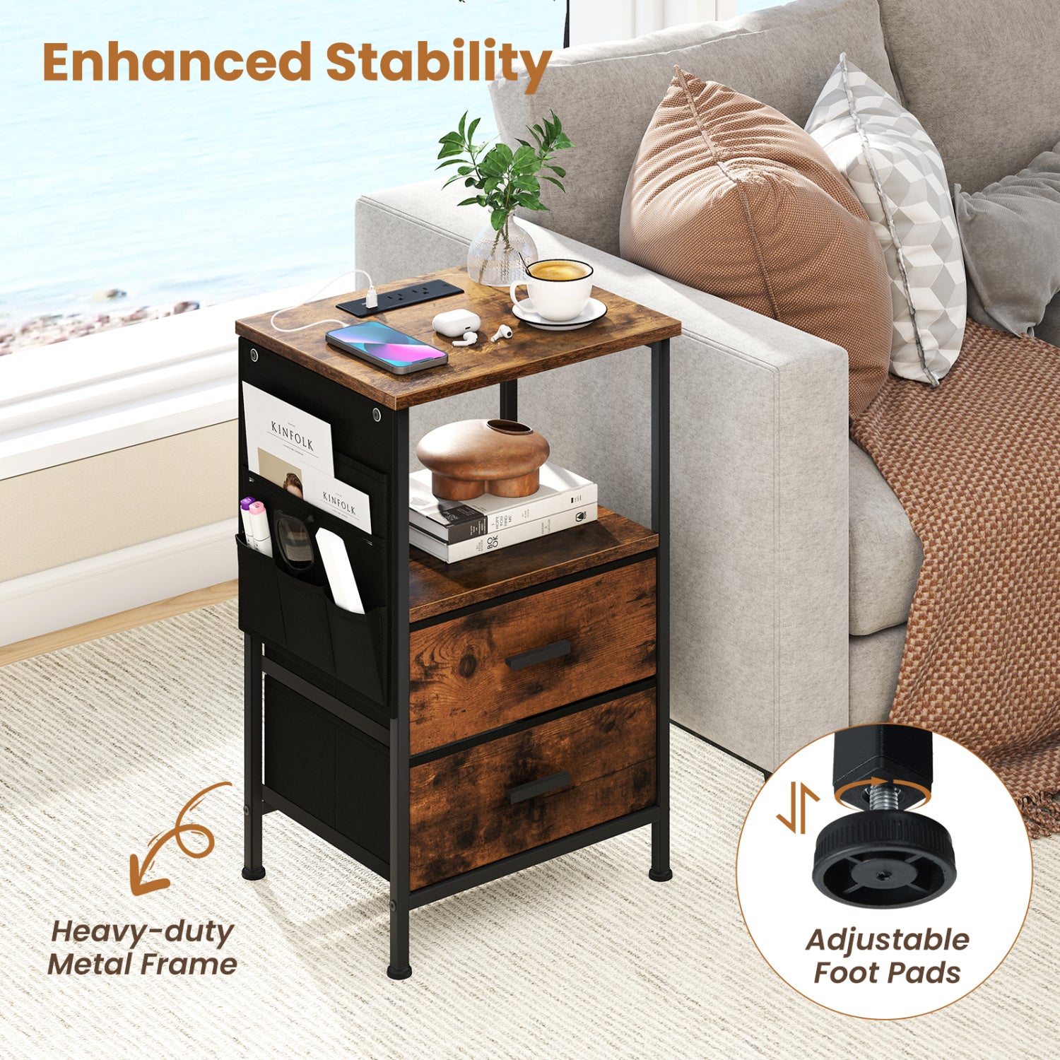 End Table with Charging Station Set of 2 Nightstand with 2 Folding Fabric Drawers