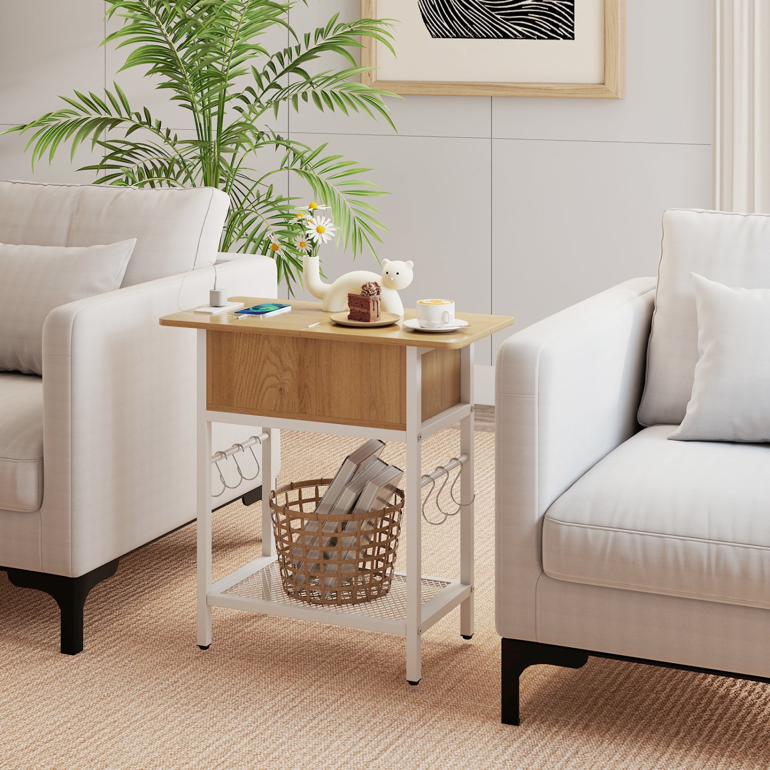 End Table with Charging Station USB Ports Outlets and Flip Top-Natural