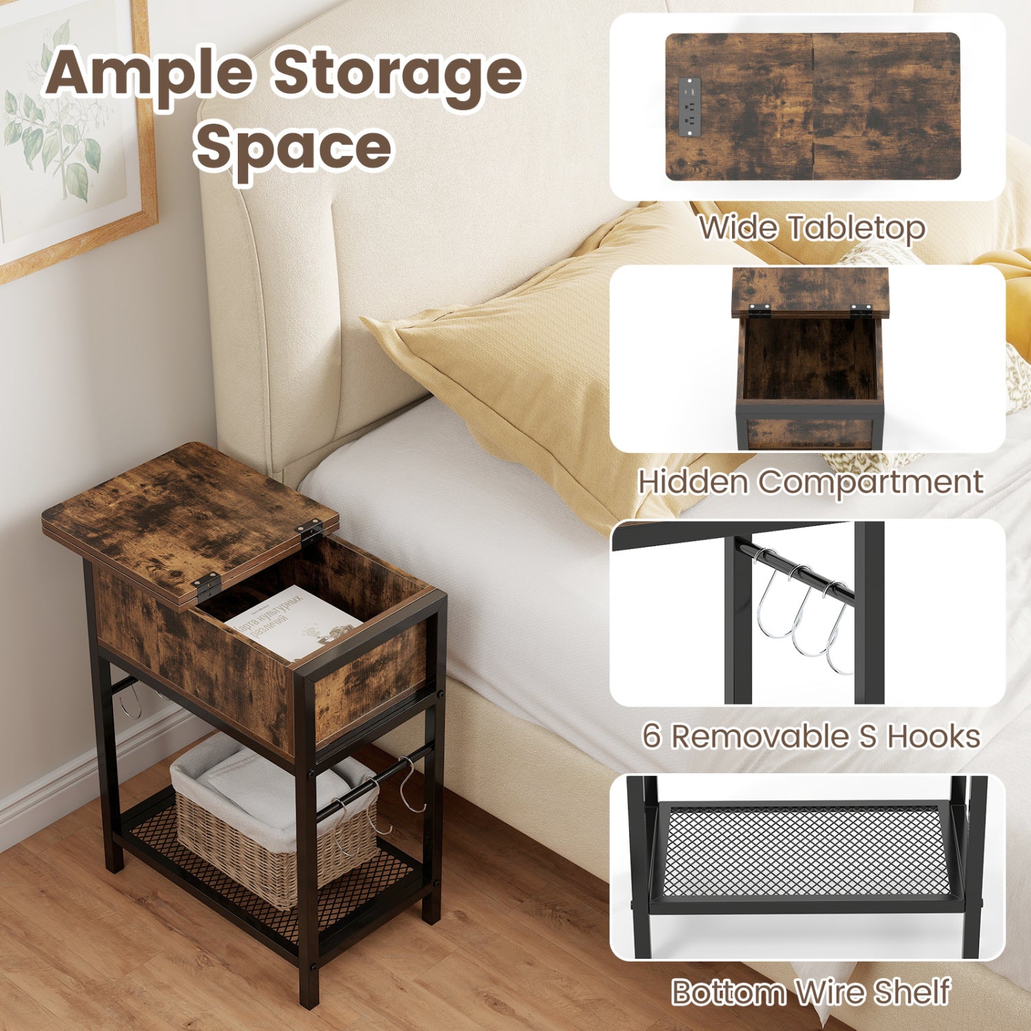 End Table with Charging Station USB Ports Outlets and Flip Top-Coffee