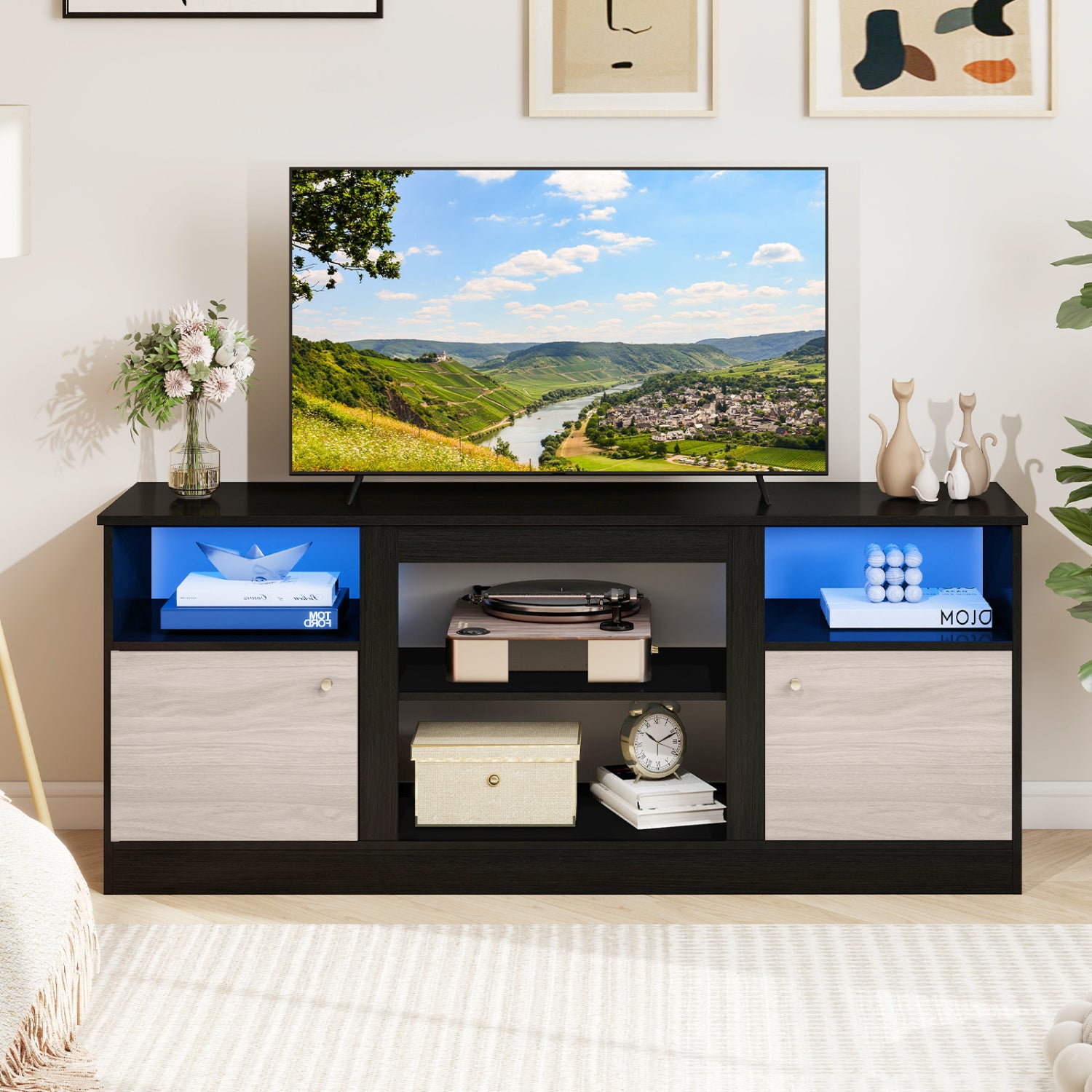 Entertainment Center with Adjustable Shelf & Open Compartment for 65€ TVs-Black