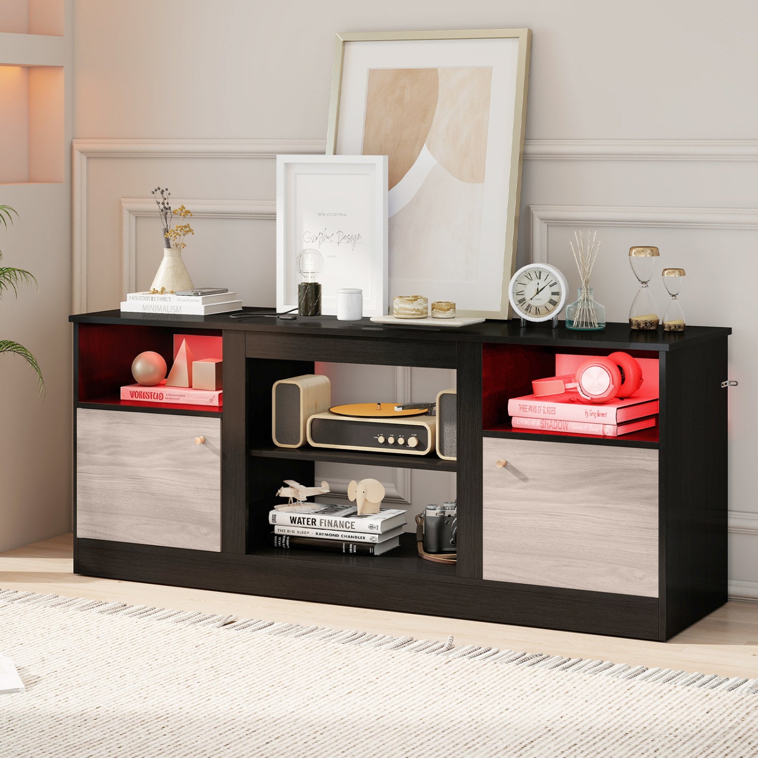 Entertainment Center with Adjustable Shelf & Open Compartment for 65€ TVs-Black