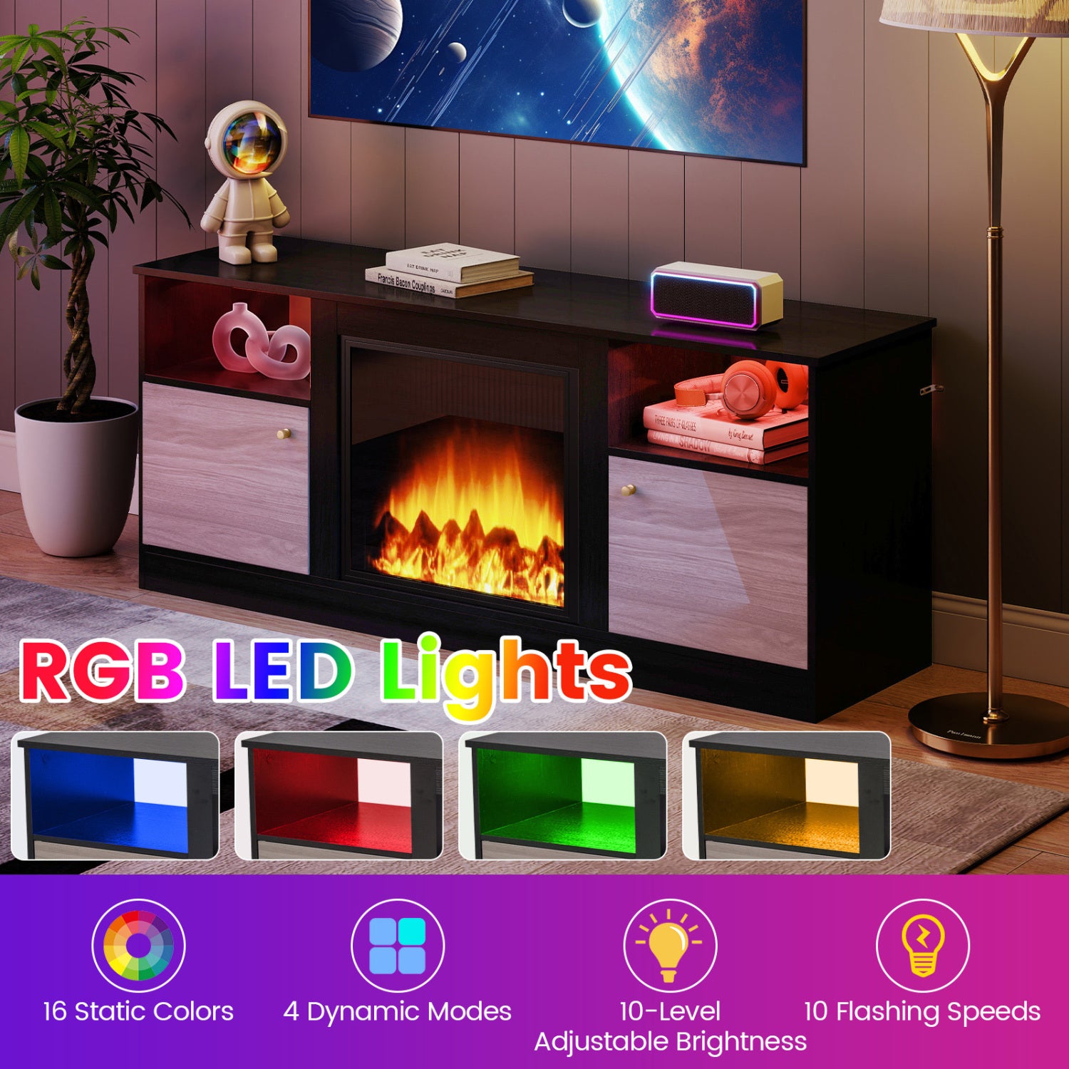 Entertainment Center with Adjustable Shelf & Open Compartment for 65€ TVs-Black