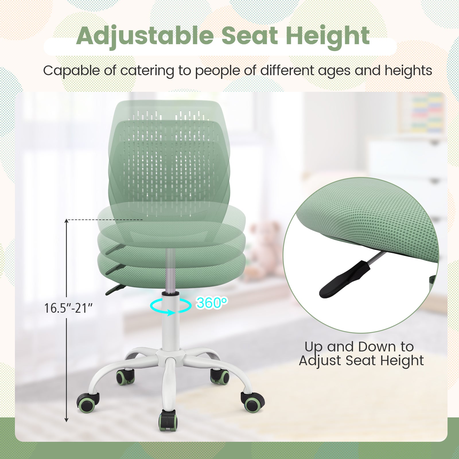 Ergonomic Children Study Chair with Adjustable Height-Green
