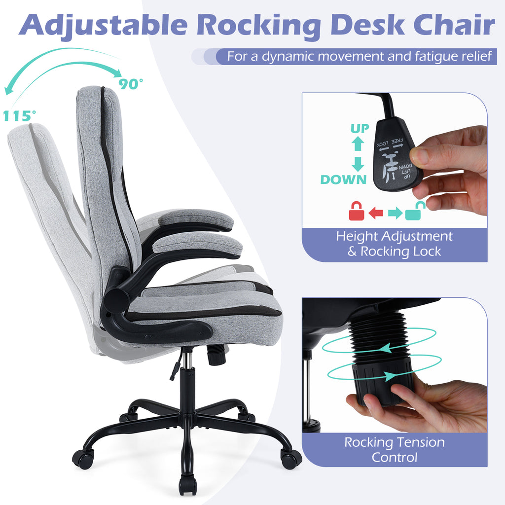 Ergonomic Computer Office Chair with 90° Flip-up Armrests-Gray