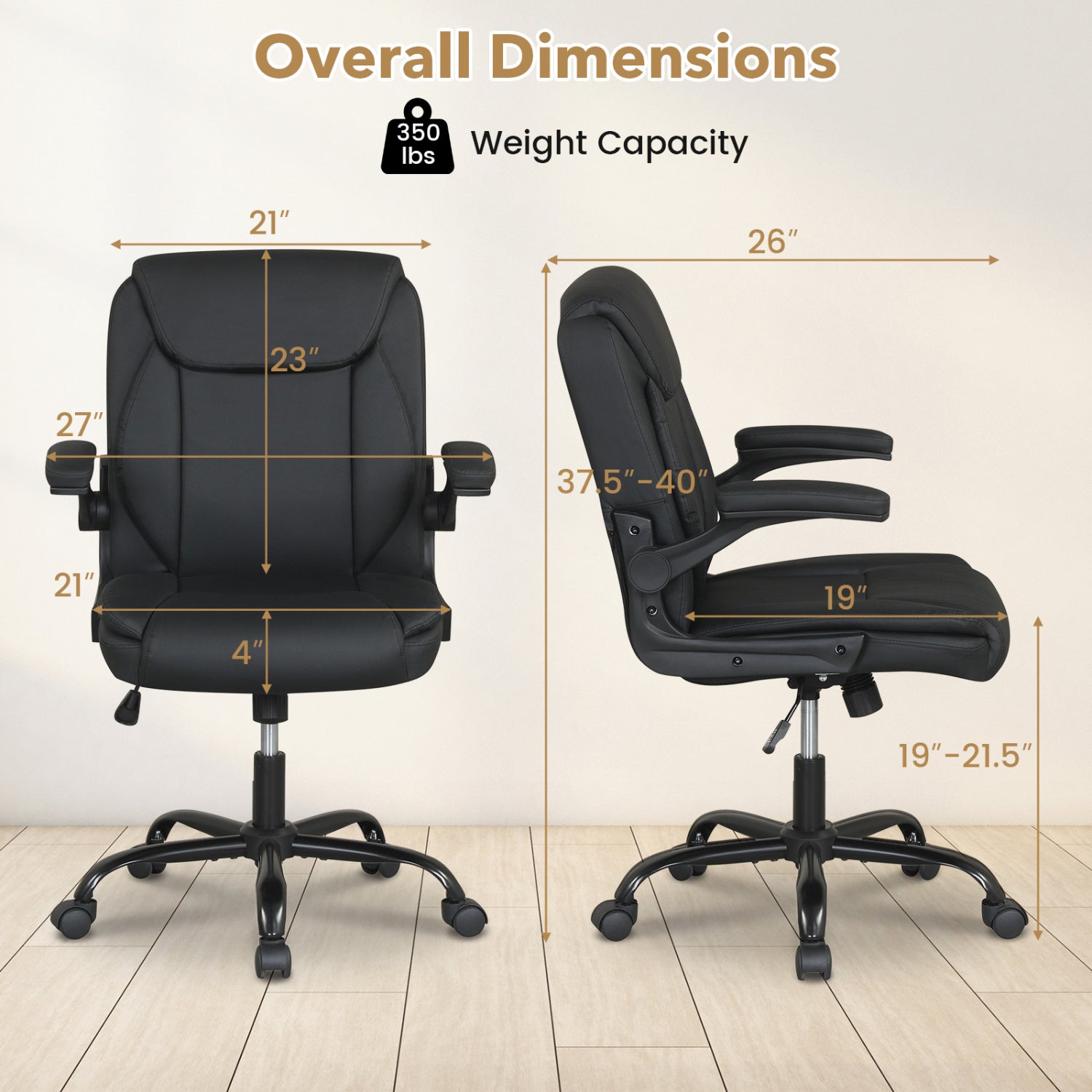 Ergonomic Leather Office Chair with Flip-up Armrests and Rocking Function-Black